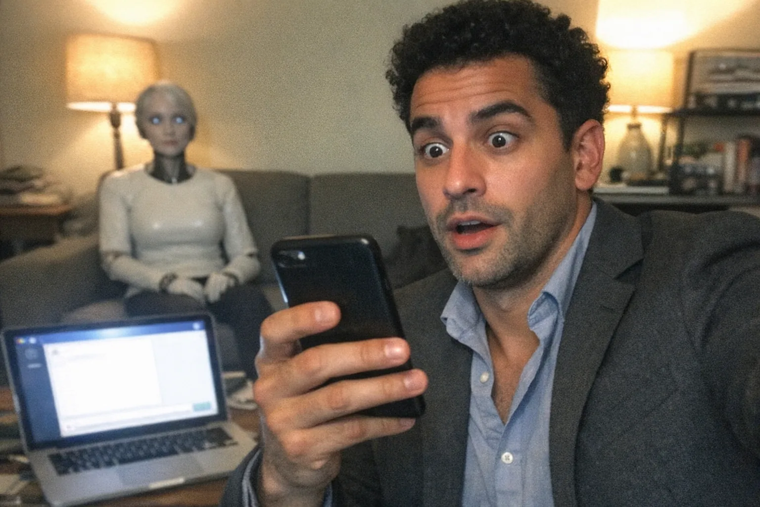 Realistic iPhone snapshot, candid phone photo with awkward framing and aggressively mediocre composition: an early-30s White man with olive skin tone, muscular build (not a bodybuilder), coily hair in a short afro, wearing a blazer with an open-collar shirt. He looks surprised (wide eyes, slightly open mouth) yet confident (upright posture, relaxed shoulders). Scene: a slightly cluttered home office or apartment living room at night, uneven lamp lighting, mildly overexposed highlights, natural grain/noise, slight motion blur. On a sofa in the background sits a female humanoid robot (non-explicit, fully clothed, uncanny but plausible), while the man holds a smartphone as if reading an intense message; a laptop on a coffee table shows a blank chat window (no readable text). No logos, no captions, no watermarks, modern everyday setting.
