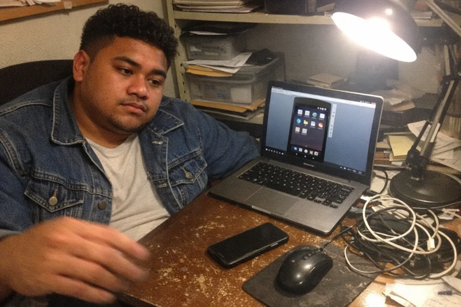 A candid iPhone snapshot in a cramped home office: a Pacific Islander man in his early 20s with a stocky build and warm brown skin tone sits slouched at a cluttered desk, short tight-curly hair, wearing a denim workwear jacket over a plain tee. He looks calm but tired with faint under-eye circles, staring at a laptop running an Android emulator window (no readable text), with a second phone lying face-down beside tangled USB cables and a cheap mouse. Awkward framing, slightly motion-blurred hand, mildly overexposed desk lamp lighting with uneven shadows, visible phone-camera noise/grain, aggressively mediocre composition, realistic and unpolished.