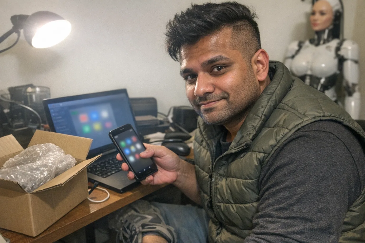 A candid iPhone snapshot in a small apartment home office: an early-30s South Asian man with brown skin and a dad-bod build sits at a cluttered desk, leaning in with focused eyes and a slightly set jaw, wearing an outdoorsy puffer vest and hiking shoes; he has an undercut with a textured top and an awkward, hesitant half-smile. He’s holding an Android phone near a laptop as if considering installing something, with a few generic app icons blurred on the screen (no readable text). On the desk is a plain, unbranded shipping box slightly open with bubble wrap peeking out, and in the background a life-sized female humanoid robot mannequin stands partially out of frame, adding intrigue but nothing explicit. Awkward framing, slight motion blur from the hand, mildly overexposed desk lamp, uneven lighting, natural noise/grain, aggressively mediocre composition, no logos, no watermarks, no text.