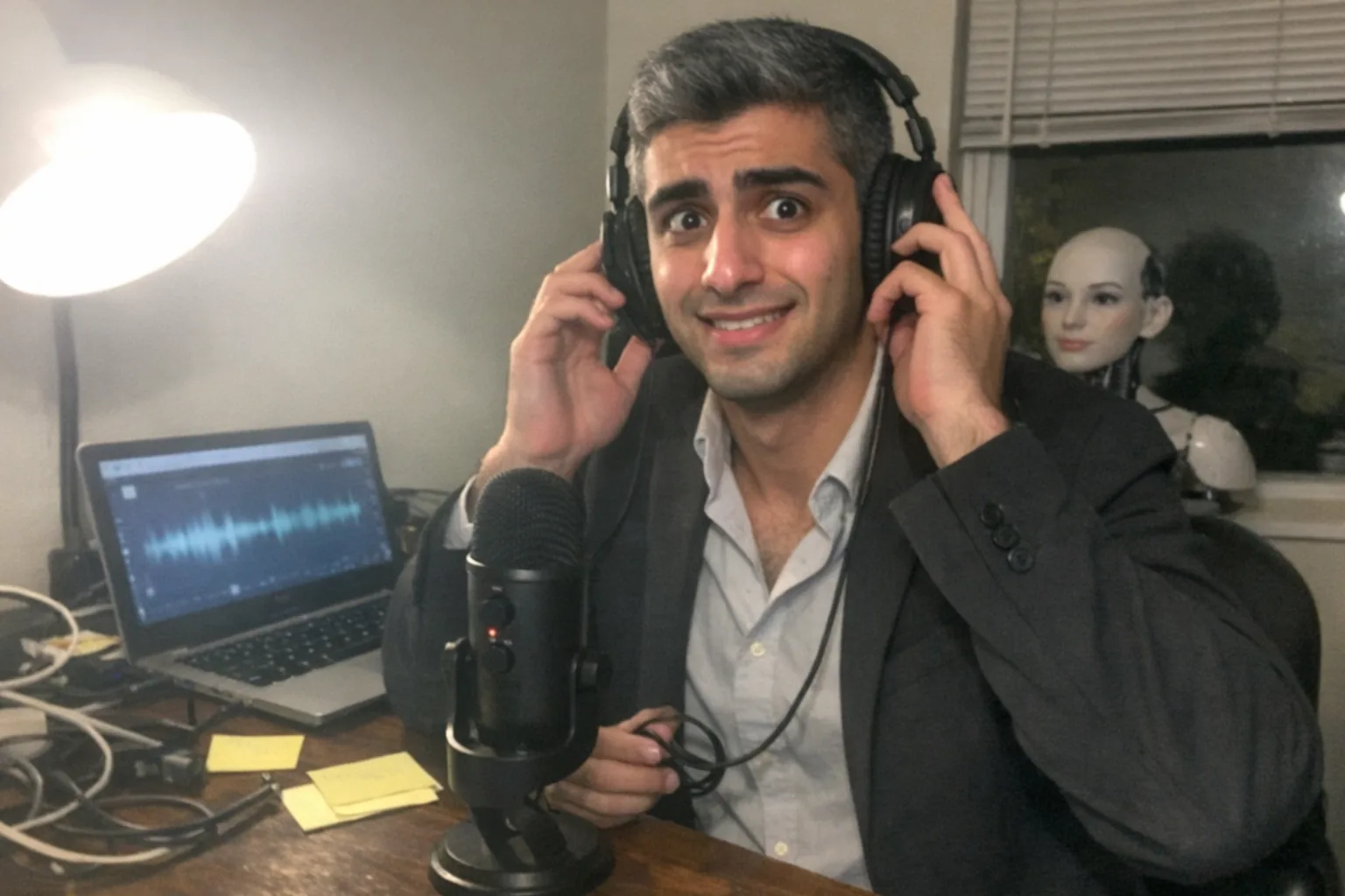 A realistic, aggressively mediocre iPhone snapshot in a small home office at night: a tall, lanky Middle Eastern man in his early 20s with olive skin, short tidy gray hair, wearing a blazer over an open-collar shirt, sits at a cluttered desk testing a microphone and headphones while looking nervous and skeptical (fidgety hands, tight smile, raised eyebrow, wide eyes slightly open mouth). On the desk: a cheap USB mic, a laptop showing a blurry audio waveform (no readable text), and a small tabletop female-looking humanoid robot bust/companion device in the background slightly out of focus. Awkward framing, slight motion blur, mildly overexposed desk lamp with uneven lighting, visible phone noise/grain, ordinary messy cables and sticky notes, no logos, no watermarks, no text.