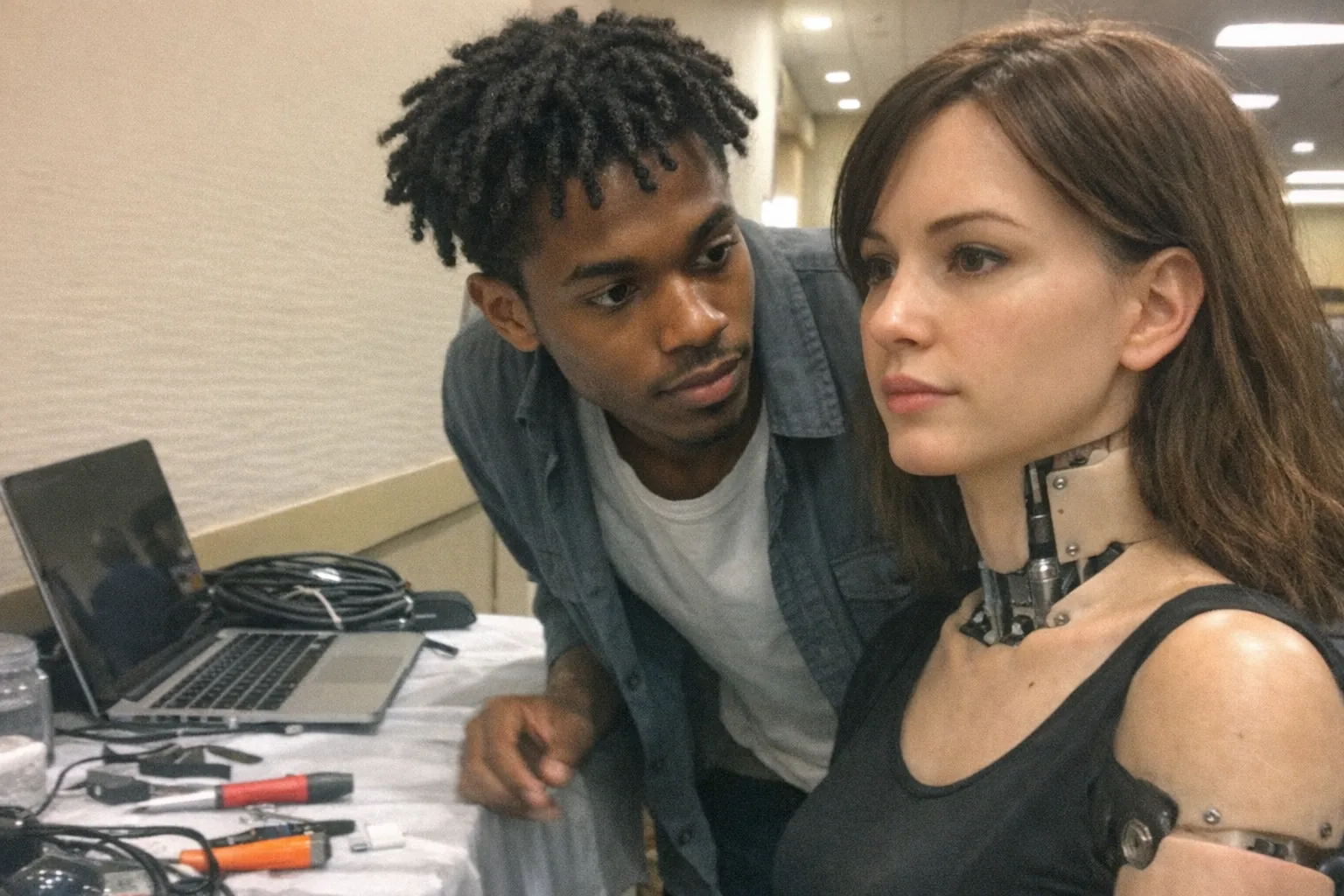 Realistic iPhone snapshot in a conference hallway: a male in his early 20s, Black with medium brown skin tone, lean runner build, coily hair in twists, wearing tech-casual clothes (simple tee with a lightweight overshirt). He looks curious and calm, leaning in with focused eyes as he examines a seated female humanoid robot prototype with slightly imperfect silicone-like facial features and visible access panels near the neck (non-explicit). The scene is candid and unremarkable: awkward framing, slightly motion-blurred hands, mildly overexposed fluorescent lighting, uneven shadows, natural phone noise/grain, aggressively mediocre composition. A cluttered table nearby with small tools, a laptop, and cables. No text, no captions, no watermarks, no logos, no brand names.