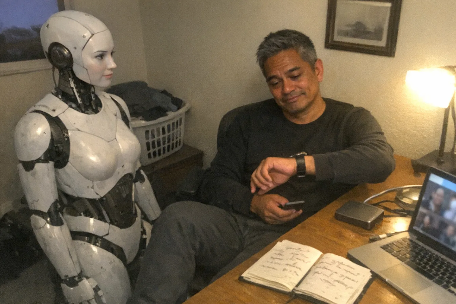 A candid iPhone snapshot in a small home office at dusk, awkward framing and aggressively mediocre composition, slight motion blur and visible phone noise/grain, mildly overexposed lamp creating uneven lighting. Primary subject: a mid-40s Pacific Islander man with warm brown skin, lean runner build, short tidy gray hair, wearing a minimalist monochrome outfit (black crewneck and charcoal pants). He looks tired (slouched posture, faint under-eye circles), impatient (foot tapping, checking his phone/watch), and awkward (hesitant half-smile) while sitting at a cluttered desk. On the desk: an open notebook with messy handwritten emotion words (not readable), a laptop with an indistinct blurred video call interface, and a small unbranded sleek device placed discreetly beside a cable. Next to him stands a female-presenting humanoid robot (clearly non-human but realistic), turned slightly toward him as if listening, with subtle scuffs and fingerprints on its casing. Background includes a laundry basket and a crooked wall frame for an unremarkable lived-in feel. No text, no logos, no brand names, non-explicit scene.