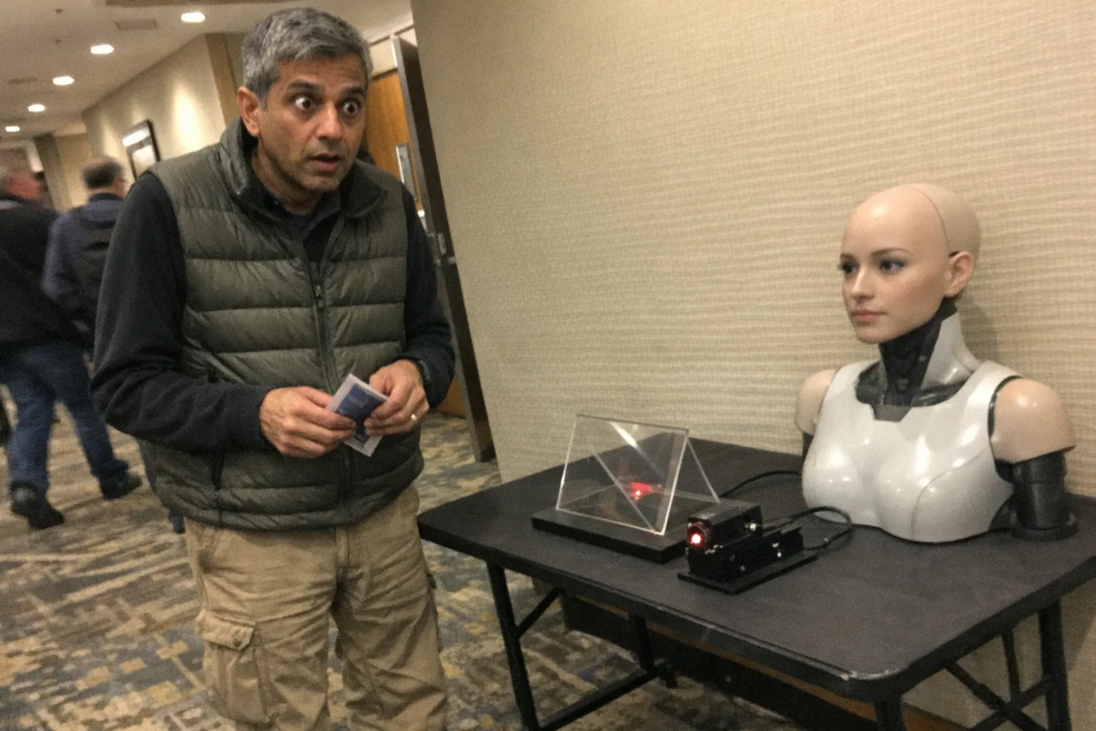A realistic iPhone snapshot in a conference hallway outside a tech demo room: a slim South Asian man in his late 40s with brown skin, short tidy gray hair, wearing an outdoorsy puffer vest and hiking shoes, captured with surprised wide eyes and a slightly open mouth, nervous fidgety hands, and a tired slouched posture with faint under-eye circles. He’s holding a brochure while staring at a small tabletop holography demo setup (a clear acrylic plate and a compact laser module) on a folding table; next to it sits a female humanoid robot head/torso display unit (non-explicit, just a tech mannequin-like companion) as part of the demo. The photo is candid with awkward framing, slight motion blur, mildly overexposed fluorescent lighting, visible phone noise/grain, aggressively mediocre composition, and no text, no logos, no watermarks.