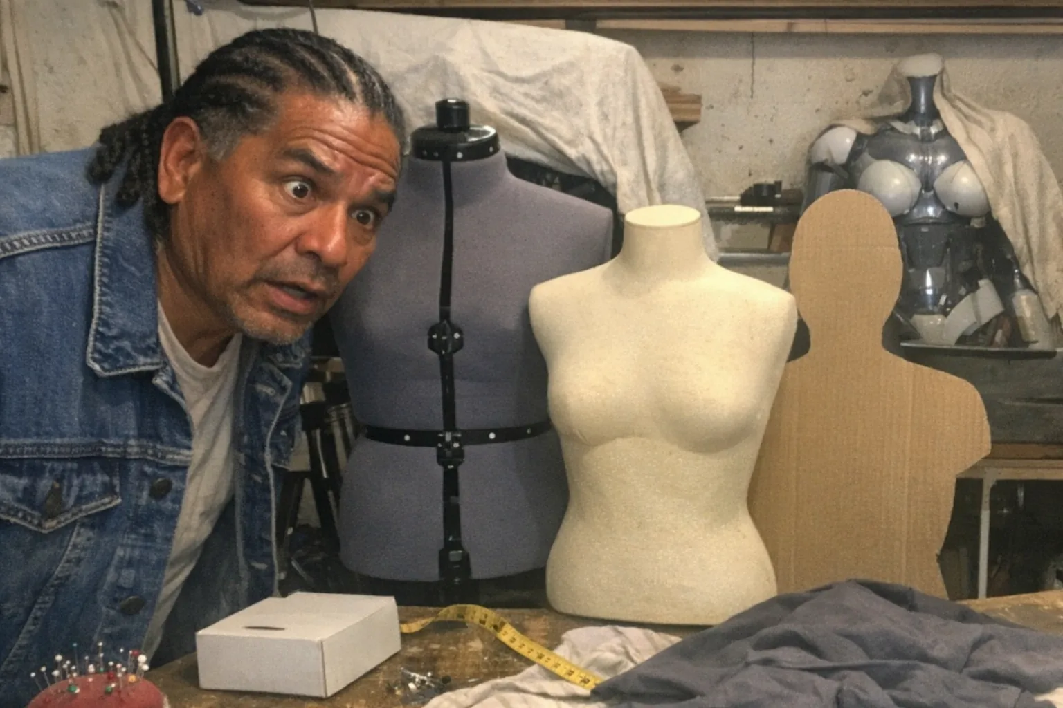 Realistic iPhone snapshot in a cluttered home workshop/garage corner, awkward framing and aggressively mediocre composition, slight motion blur and mild overexposure from a single ceiling light, visible grain/noise. A male in his mid 50s with Indigenous warm tan skin tone, muscular build (not bodybuilder), coily hair in braids/cornrows, wearing workwear (denim jacket over a plain tee) leans in close with focused eyes and a set jaw, looking surprised (wide eyes, slightly open mouth) while comparing mannequin alternatives: an adjustable dress form on a stand, a cheap foam torso, and a cardboard cutout silhouette propped against a workbench. In the background, a partially covered female-shaped humanoid robot torso is barely visible under a cloth, hinting at tech-based alternatives. Natural messy environment: scattered measuring tape, pins, a tripod, wrinkled fabric, and a plain unbranded device box on the table. No text, no captions, no watermarks, no logos, modern candid phone-photo feel.