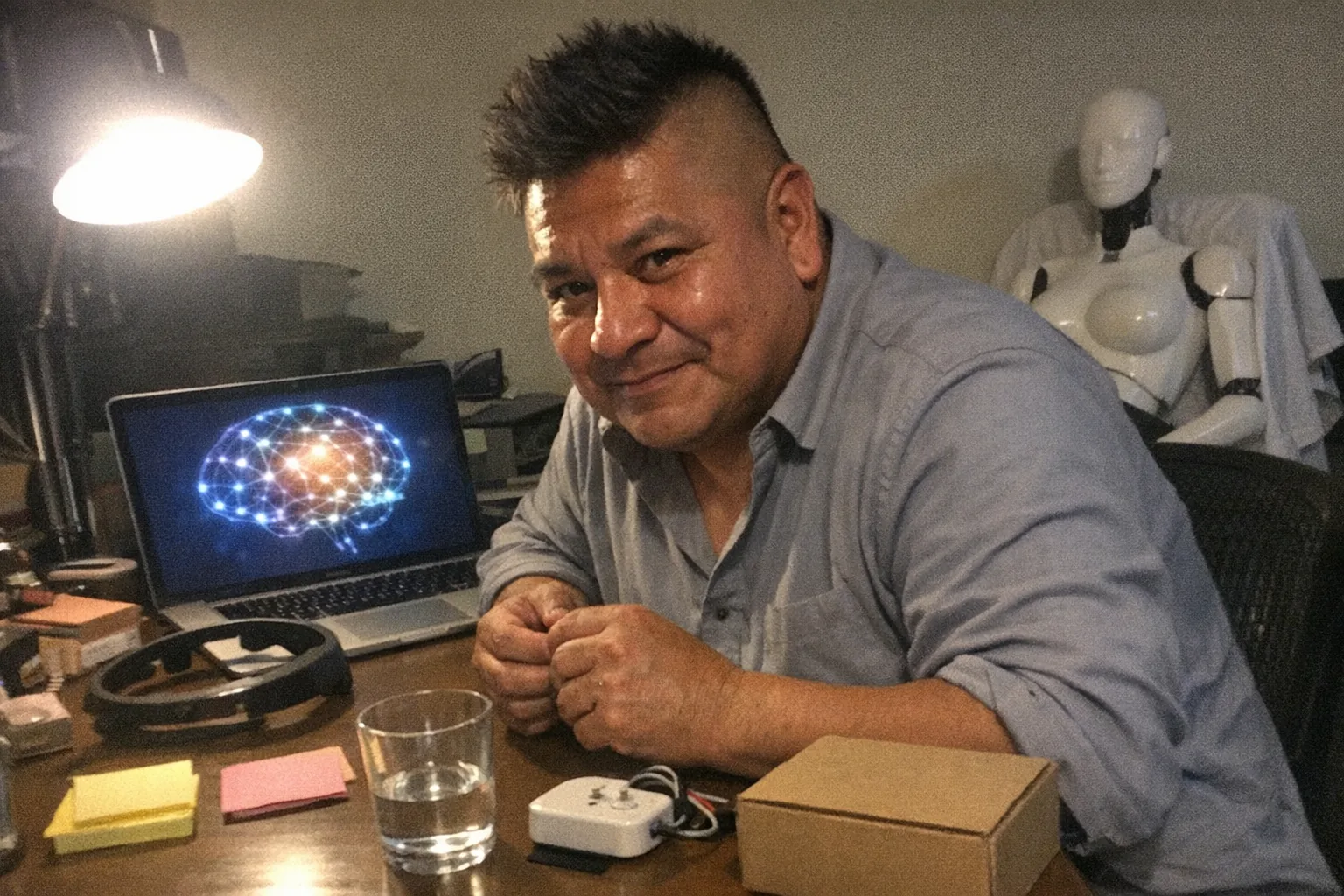 A realistic iPhone snapshot in a slightly cluttered home office at night, aggressively mediocre composition with awkward framing and slight motion blur, mildly overexposed desk lamp and uneven lighting, natural phone noise/grain. Primary subject: a stocky Indigenous man in his early 50s with warm tan skin, an undercut with textured top, wearing a business-casual button-down shirt with rolled sleeves, leaning in with focused eyes and a tight, nervous smile while fidgeting with his hands near a laptop showing an abstract brain diagram (no readable text). On the desk: a cheap consumer EEG headband, sticky notes, a half-empty water glass, and a small unbranded sensor-equipped device next to a closed shipping box; in the background, slightly out of focus, a female humanoid robot mannequin torso on a chair covered with a plain sheet (non-explicit, no logos). Candid, unpolished, everyday realism, no captions, no watermarks, no brand names.