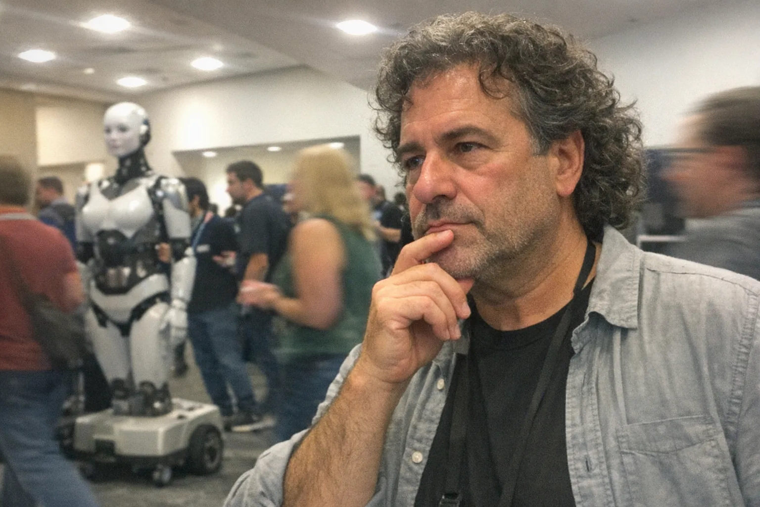 A realistic iPhone snapshot in a busy tech conference hallway: a male attendee in his early 50s (White, olive skin tone, dad-bod build) with medium-length curly hair and tech-casual clothes (plain tee with a lightweight overshirt) stands near a demo area, looking thoughtful with one hand on his chin and an intent gaze. In the background, a female humanoid robot on a wheeled base is being shown to a small crowd, slightly out of focus. Awkward framing (robot partially cut off), slight motion blur from people walking, mildly overexposed overhead lighting, visible phone-camera noise/grain, aggressively mediocre composition. No text, no captions, no logos, no brand names.