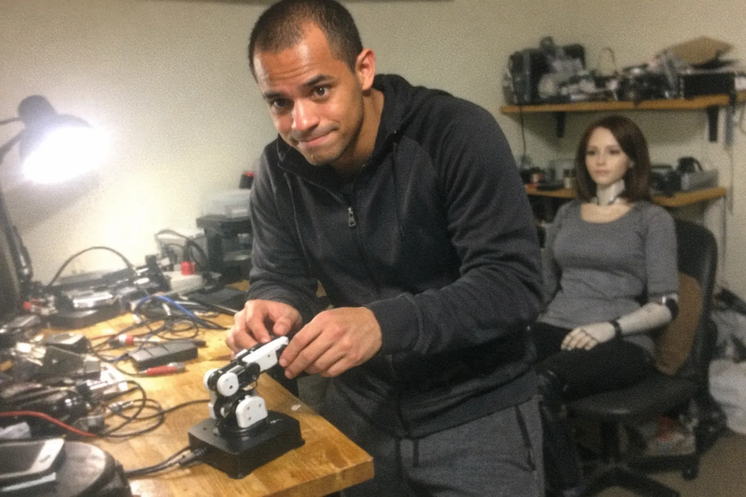 A candid iPhone snapshot in a cramped home office/workbench area: a slim mixed-race man in his mid-20s with a medium skin tone, thinning hairline kept short, wearing athleisure (zip-up jacket and joggers), standing slightly off-center with awkward framing; he looks nervous but determined (fidgety hands, tight smile, set jaw, intent gaze) while adjusting a small tabletop robot arm. In the background, a female-styled humanoid companion robot (non-explicit, fully clothed, neutral expression) sits on a chair near scattered electronics and tools. Slight motion blur, mildly overexposed desk lamp lighting with uneven shadows, visible phone noise/grain, aggressively mediocre composition, realistic imperfections, no text, no logos, modern everyday setting.