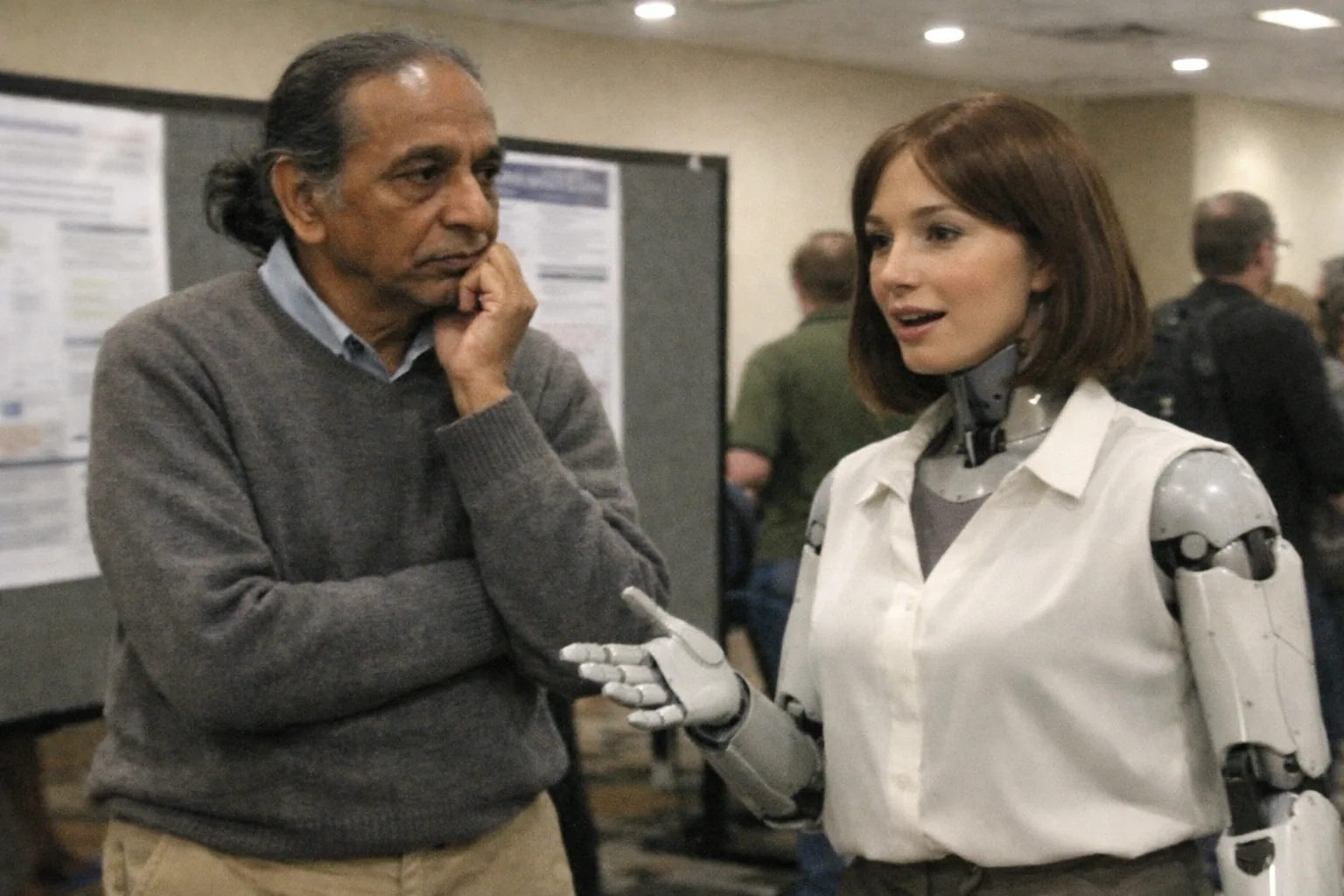 A candid iPhone snapshot in a conference hallway: a South Asian man in his early 60s with brown skin, slim build, hair in a low ponytail with a few loose strands, wearing a smart-casual knit sweater and chinos, slouched posture with faint under-eye circles, looking thoughtful with a hand on his chin and a distant gaze while standing beside a female-presenting humanoid robot (subtle feminine cues like a simple wig and a modest blouse, still clearly robotic). The robot is mid-gesture as if talking. Awkward framing, slight motion blur, mildly overexposed overhead lighting, natural phone noise/grain, aggressively mediocre composition. Background includes anonymous conference posters and people out of focus. No text, no logos, no watermarks.