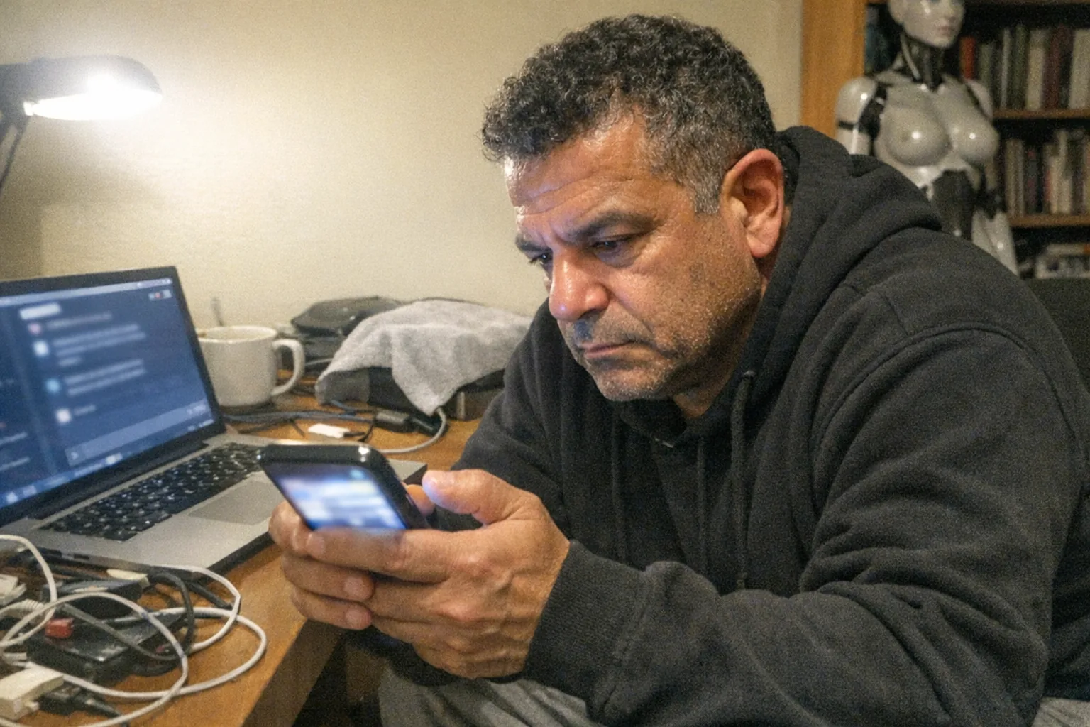 A candid iPhone snapshot in a slightly messy home office at night: a late-50s Middle Eastern man with olive skin, stocky build, short tight-curly hair, wearing streetwear (hoodie and sneakers), slouched with faint under-eye circles but an intent, determined gaze and set jaw, holding a smartphone close to his face as if reading an AI chat; the phone screen content is out of focus and unreadable (no legible text). On the desk: a laptop with a blurred chat-style interface, scattered charging cables, a coffee cup, and a neutral, non-explicit tech device partially covered by a towel; in the background, a female humanoid robot mannequin (clearly female form) stands near a bookshelf, slightly cropped by awkward framing. The photo should look aggressively mediocre: slight motion blur, mildly overexposed desk lamp lighting with uneven shadows, visible noise/grain, imperfect focus, cluttered composition, everyday realism, no logos, no watermarks, no captions.