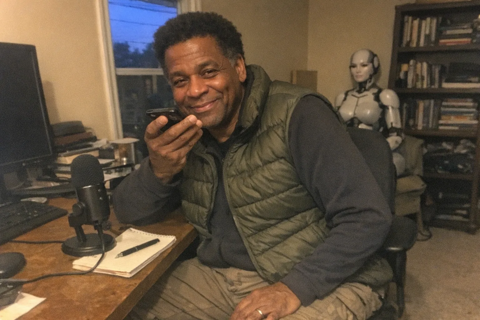 Casual iPhone snapshot in a small home office at dusk, aggressively mediocre composition with awkward framing and slight motion blur, mildly uneven warm lamp lighting with visible noise/grain. Primary subject: a late-50s Black man with medium-brown skin, athletic build and broad shoulders, coily hair in a short afro, wearing an outdoorsy puffer vest and hiking shoes, slouched posture with faint under-eye circles, amused small grin with eyes slightly crinkling. He’s holding a phone close to his mouth as if doing a voice training recording, with a cheap USB microphone and a notepad on the desk. In the background, a female-presenting humanoid robot torso mannequin sits near a bookshelf, slightly out of focus, adding an intriguing tech vibe. No text on screens, no logos, no watermarks, realistic imperfect everyday scene.