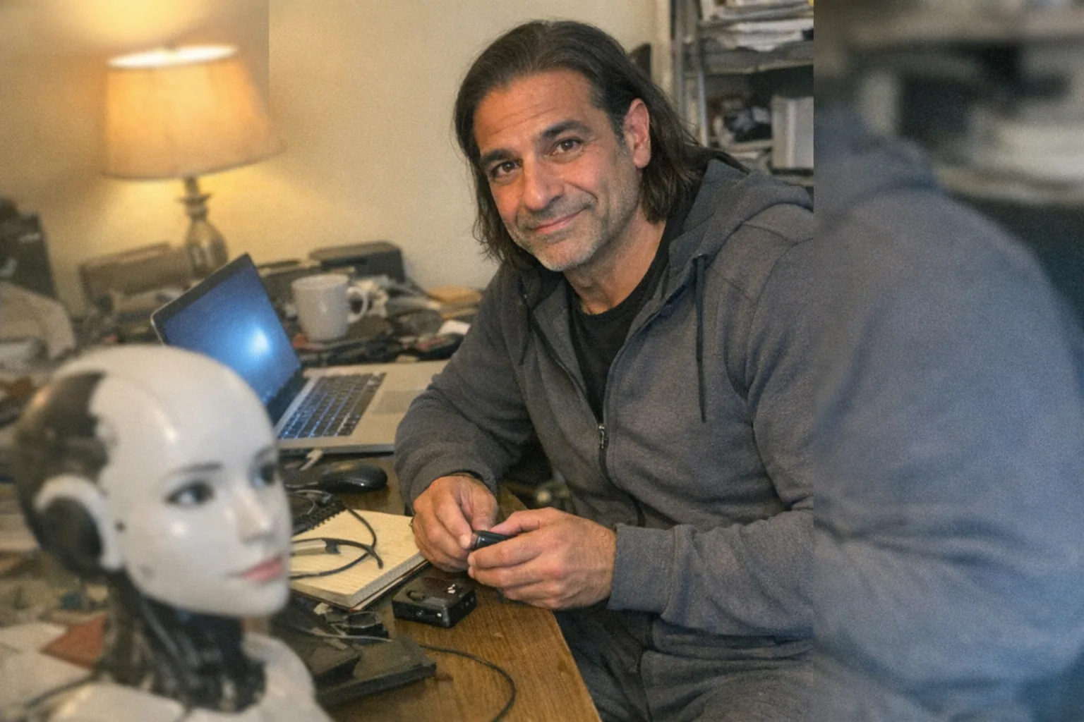 A realistic iPhone snapshot in a cluttered home office: a male in his early 50s (Middle Eastern, olive skin), muscular build (not a bodybuilder), shoulder-length straight hair tucked behind his ears, wearing athleisure (zip-up jacket and joggers). He’s seated at a messy desk with a laptop open (screen glow visible but no readable text), fidgety hands near a small tech gadget and a notebook, showing a calm soft expression with a tight nervous smile and a determined set jaw. On the desk there’s a small, non-explicit female-looking humanoid robot head/assistant device (clearly robotic, not sexualized) slightly out of focus, suggesting “AI” in a mundane way. Awkward framing, slight motion blur, mildly overexposed lamp lighting, natural noise/grain, aggressively mediocre composition, candid everyday vibe, no logos, no watermarks, no text.