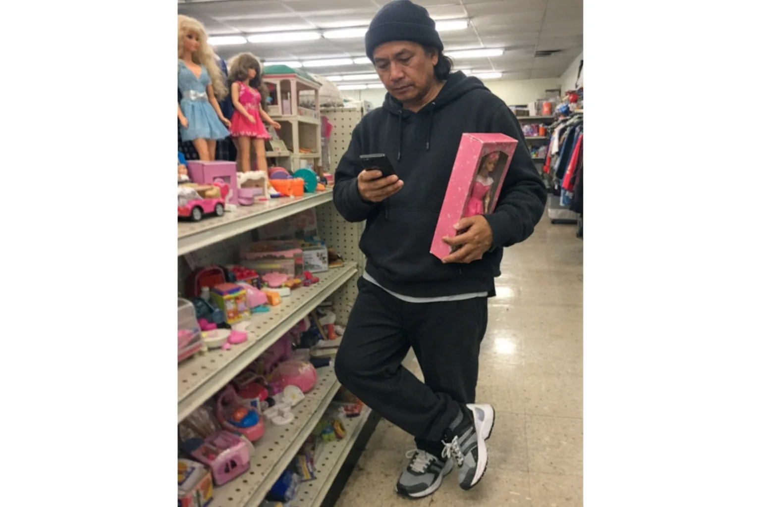 A candid iPhone snapshot in a cluttered thrift store aisle: an early-60s Southeast Asian man with a warm medium skin tone and athletic broad-shouldered build, medium-length hair under a beanie, wearing streetwear (hoodie and sneakers). He looks tired (faint under-eye circles, slightly slouched) but confident (relaxed shoulders) and impatient (foot tapping while checking his phone). He’s holding a vintage-looking pink fashion doll box with no visible branding while a shelf nearby shows a few retro dolls and toy accessories. Awkward framing with the man slightly off-center, slight motion blur from a quick shot, mildly overexposed fluorescent lighting, natural phone noise/grain, aggressively mediocre composition. Modern, plausible, unremarkable photo; no text, no captions, no logos.