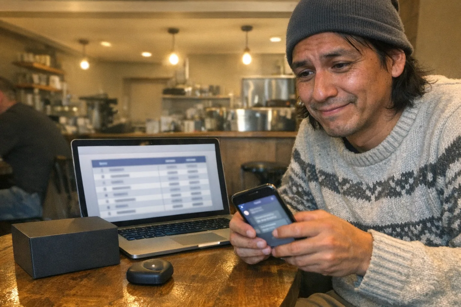 A realistic iPhone snapshot in a coffee shop showing a tall, lanky Indigenous man in his mid-30s with warm tan skin, medium-length hair under a beanie, wearing a smart-casual knit sweater and chinos. He looks nervous and tired (fidgety hands, tight smile, slouched posture, faint under-eye circles) while looking at a laptop screen that’s displaying a generic AI leaderboard-style table (no readable text) and a phone in his other hand with a blurry chatbot interface. On the table, an unbranded, discreet adult-tech device box and a small sensor module are partially visible, suggesting interactive hardware without being explicit. Awkward framing, slightly motion-blurred hands, mildly overexposed uneven cafe lighting, natural phone noise/grain, aggressively mediocre composition, candid everyday feel. No logos, no brand names, no captions, no watermarks.