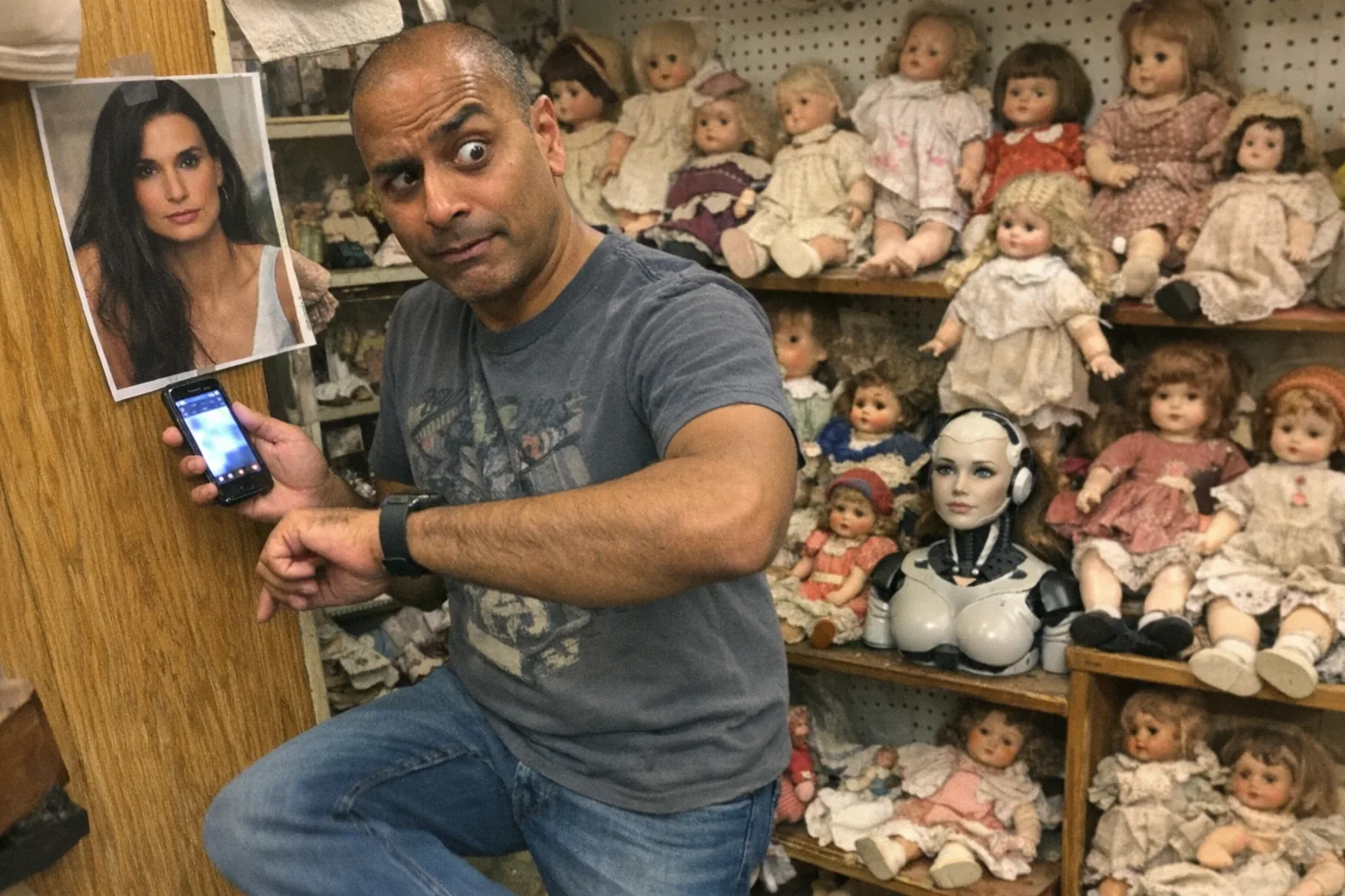 A candid iPhone snapshot inside a cluttered antique mall booth packed with mismatched vintage dolls on shelves (some missing shoes, a few scuffed faces), plus one small, obviously-fake female humanoid robot bust sitting among the dolls like it doesn’t belong. In the foreground, a mid-40s South Asian man with brown skin, lean runner build, clean shaved head, wearing a casual graphic tee and jeans, captured with awkward framing; he looks surprised (wide eyes, slightly open mouth) and skeptical (raised eyebrow, half-smirk) while impatiently tapping one foot and checking his phone/watch. His phone screen is visible but unreadable; he’s holding it up toward a magazine photo of Demi Moore taped to the inside of the booth (no legible text). Slight motion blur, mildly overexposed uneven fluorescent lighting, natural noise/grain, aggressively mediocre composition, real-world messy vibe, no logos, no captions, no watermarks.