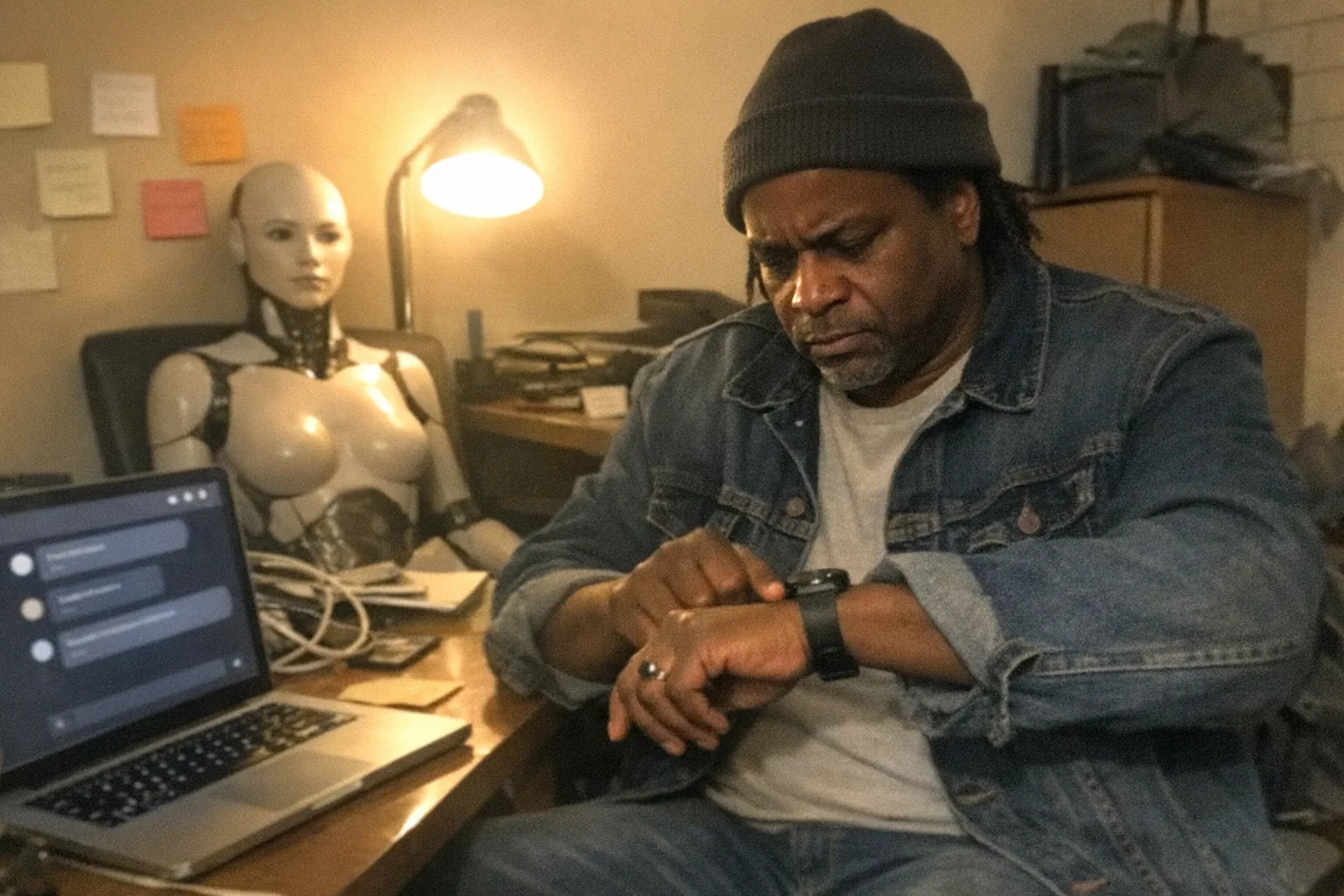A candid iPhone snapshot in a slightly messy home office at night, awkward framing and mildly uneven warm lamp lighting with a little motion blur and visible phone noise/grain. Primary subject: a Black man in his early 50s with medium brown skin, dad-bod build, medium-length hair under a beanie, wearing workwear (denim jacket over a plain tee). He looks determined with a set jaw and intent gaze, but also impatient (foot tapping) and nervous (fidgety hands while checking his phone/watch). On the desk nearby is a closed laptop showing a generic chat interface (no readable text), and a life-sized female humanoid robot torso mannequin sitting on a chair in the background (non-explicit, just a neutral face and shoulders), giving an unsettling “technology + emotions” vibe. Aggressively mediocre composition, slightly overexposed highlights from the lamp, clutter like sticky notes and cables, realistic everyday setting, no logos, no brand names, no text, no watermarks.