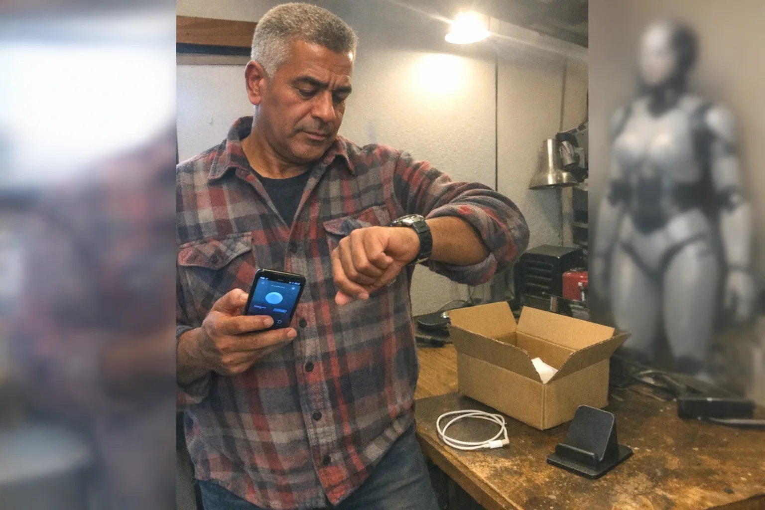 A realistic iPhone snapshot in a small, slightly cluttered home office/workbench corner: a late-50s North African man with warm brown skin, athletic broad-shouldered build, short tidy gray hair, wearing a slightly worn flannel shirt. He stands upright with relaxed shoulders but looks impatient and confident—one foot subtly tapping while he checks his phone and glances at a watch. In his hand is an Android phone showing a generic companion app interface (no readable text). On the desk: a charging cable, a plain unbranded device stand, and a partially open cardboard box with no logos. In the background, slightly out of focus and partly cut off by awkward framing, a modern female humanoid robot form stands near a wall (non-explicit, just a tech prop vibe). The photo is aggressively mediocre: slight motion blur, uneven mildly overexposed lighting from a desk lamp, visible phone-camera noise/grain, casual candid composition, no text, no watermarks, no brand names.