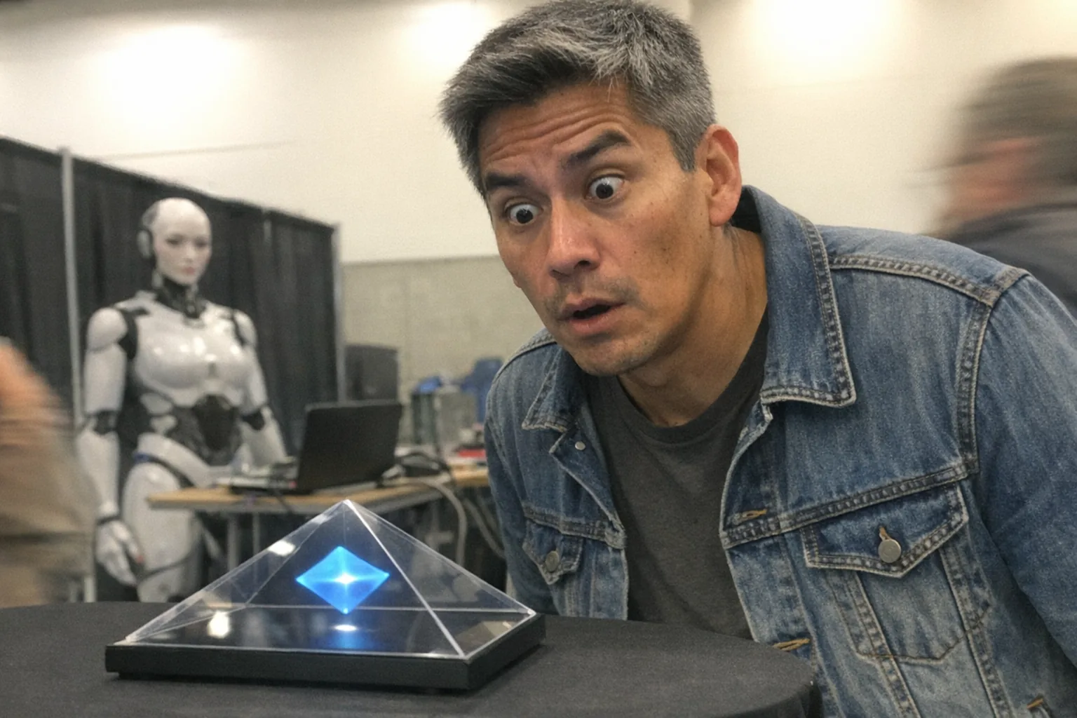 A candid iPhone snapshot at a small tech expo booth: a tall, lanky Indigenous man in his mid-30s with warm tan skin, short tidy gray hair, wearing workwear (denim jacket over a plain tee). He’s slouched with faint under-eye circles and a skeptical raised eyebrow, wide eyes and slightly open mouth as if surprised, staring at a tabletop “hologram” demo (a clear acrylic pyramid display showing a floating-looking 3D shape). In the background, slightly out of focus, a female humanoid robot greeter mannequin stands near a cluttered folding table with cables and a laptop (no logos). Awkward framing, slight motion blur from people walking, mildly overexposed overhead convention lighting, natural phone noise/grain, aggressively mediocre composition, modern realistic setting, no text, no watermarks.