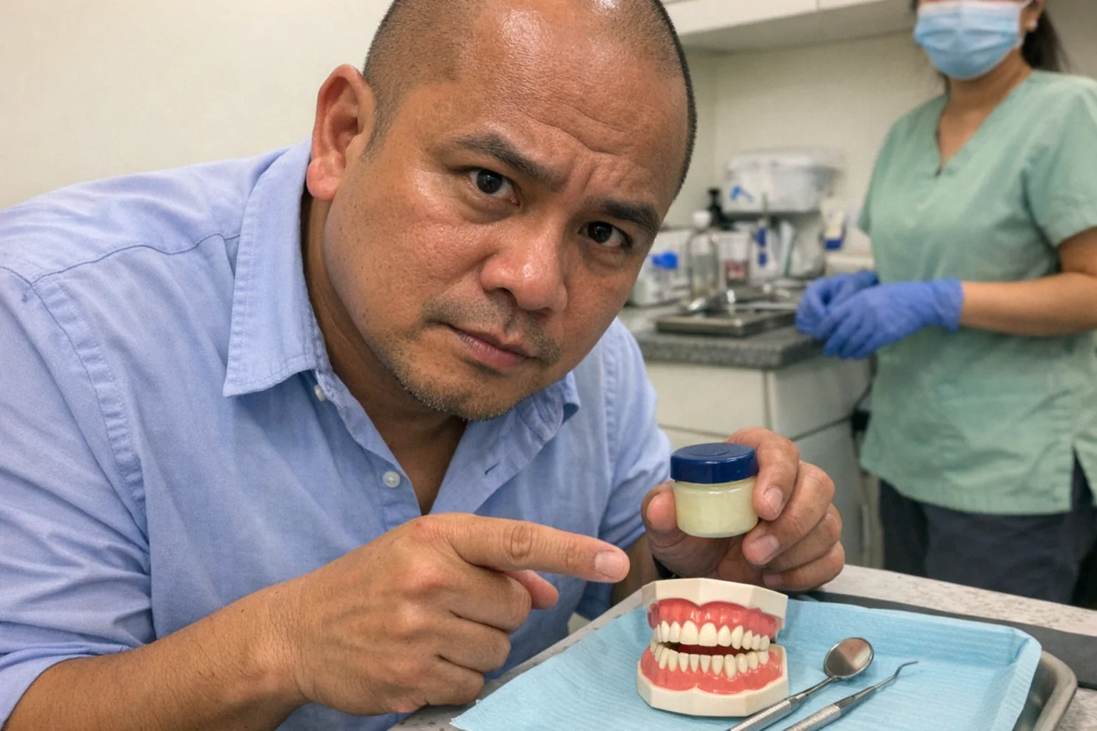 Realistic iPhone snapshot in a small dental clinic exam room: an early-40s Southeast Asian man with a stocky build and warm medium skin tone, shaved head, wearing a business-casual button-down shirt with rolled sleeves, leaning in with a curious, intent gaze and a set jaw. He’s holding a tiny, unbranded jar of petroleum jelly in one hand and pointing at a plastic model of teeth on a tray with the other, as if asking a question. In the background, slightly out of focus, a dental assistant stands near a counter with gloves and metal instruments. Awkward framing with the man slightly cut off at the shoulder, slight motion blur, mildly overexposed fluorescent lighting, natural phone noise/grain, aggressively mediocre composition. No text, no logos, no watermarks.