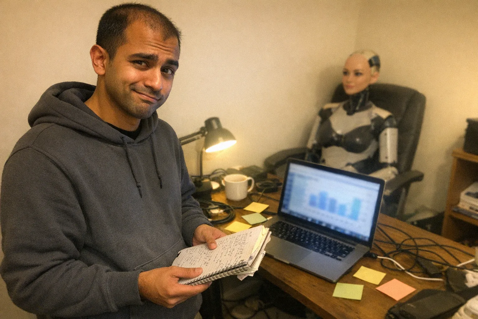 A candid iPhone snapshot in a cramped apartment home office, aggressively mediocre composition and slightly awkward framing, mild motion blur and uneven warm lighting with visible digital noise. Primary subject: a South Asian man in his mid-20s with a lean runner build, brown skin tone, thinning hairline kept short, wearing streetwear (a plain hoodie and sneakers), standing with uncertain posture and a hesitant smile plus a skeptical raised eyebrow/half-smirk. He’s holding a messy notebook and looking at a laptop with a blurry, unreadable chart on the screen while a few sticky notes (no readable text) are scattered on the desk. In the background, slightly out of focus, a plausible female humanoid robot torso/head sits on a chair like a prototype, non-explicit and fully clothed, adding an intriguing tech vibe. The scene feels real and imperfect: cluttered cables, coffee cup, cheap desk lamp, mildly overexposed highlights, no logos, no brand names, no text, no captions, no watermarks.