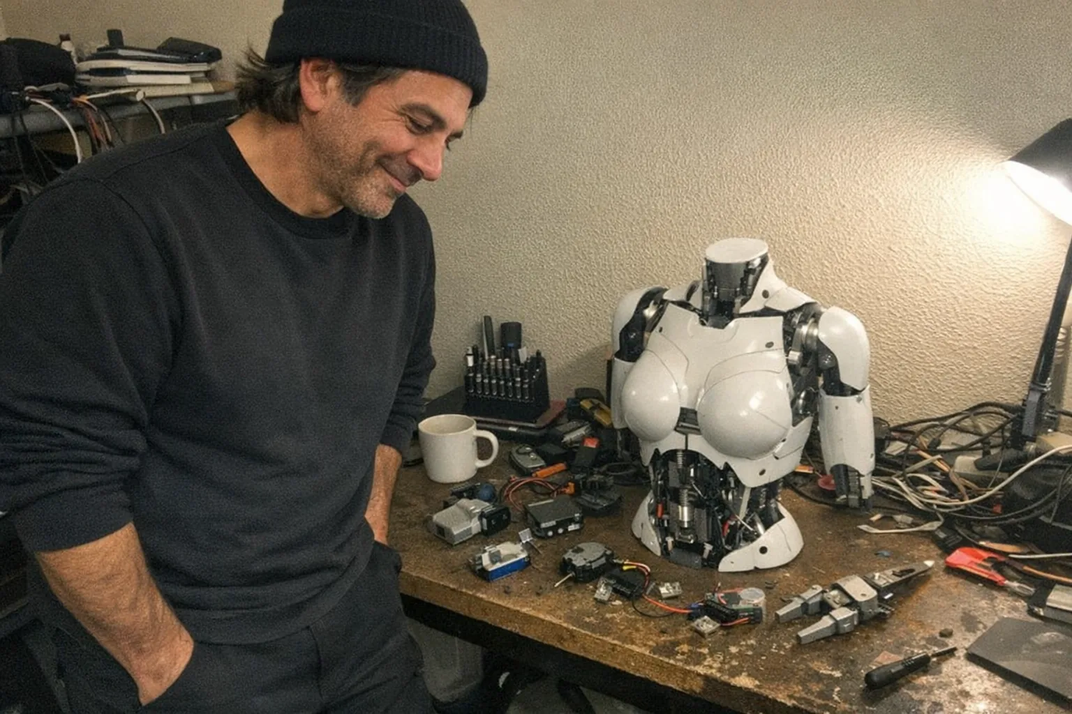 A candid iPhone snapshot in a cluttered home office/workbench corner: a male in his late 40s (White, olive skin tone, average build) with medium-length hair under a beanie, wearing a minimalist monochrome outfit with clean lines, stands slightly hunched with an awkward posture, calm expression and a small amused grin (eyes gently crinkling). He’s looking down at a partially disassembled female-styled desktop robot torso on a table (clearly robotic, non-explicit), surrounded by scattered components like small motors, wires, sensor modules, and a simple gripper tool. Awkward framing with the table cutting off part of the scene, slight motion blur from handheld capture, mildly overexposed uneven lamp lighting, visible natural noise/grain, aggressively mediocre composition. Realistic, unremarkable environment: coffee mug, screwdriver set, messy cable tangle, plain wall in the background. No text, no captions, no watermarks, no logos, no brand names.