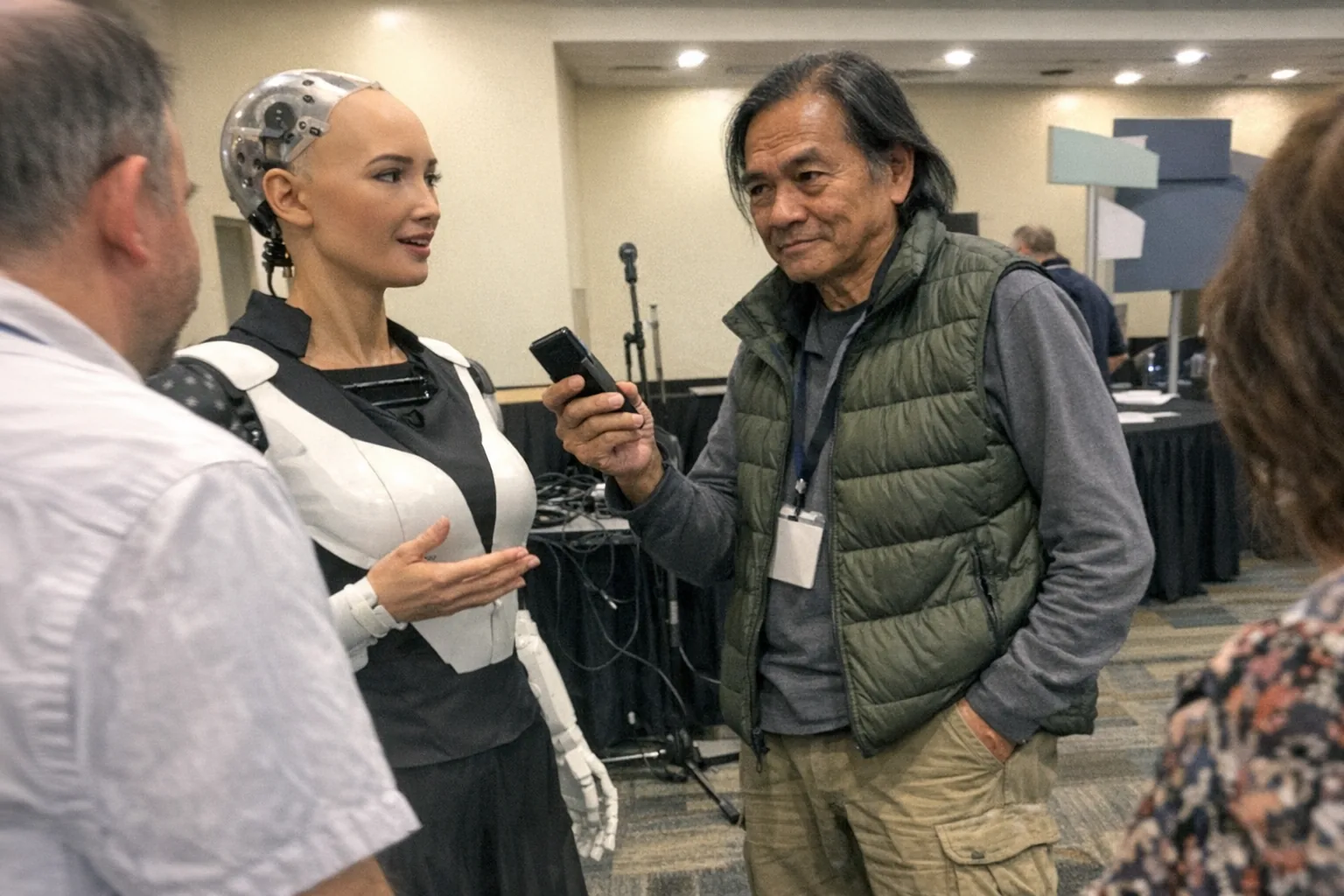 A candid iPhone snapshot in a busy tech conference hallway: Sophia the Robot (female humanoid robot) is mid-demonstration, slightly turned toward a man holding a phone like he’s recording audio. The primary human is a male in his early 60s, Southeast Asian with warm medium skin tone, tall and lanky build, shoulder-length straight hair tucked behind his ears, wearing an outdoorsy puffer vest and hiking shoes. His expression mixes determined (set jaw, intent gaze), skeptical (raised eyebrow, half-smirk), and awkward (uncertain posture, hesitant smile). The photo has awkward framing with people partially cut off at the edges, slight motion blur, mildly overexposed overhead lighting, uneven shadows, and visible phone-camera grain/noise. Background includes generic conference signage shapes (no readable text), a folding table with tangled cables and a microphone stand, and a few other attendees who do NOT match the primary human’s exact traits. No logos, no watermarks, no captions, modern realistic scene, aggressively mediocre composition.