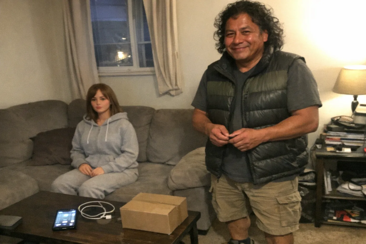 Realistic iPhone snapshot in a small, slightly cluttered apartment living room at dusk; awkward framing and aggressively mediocre composition with slight motion blur and uneven, mildly overexposed lighting, visible natural noise/grain. Primary subject: a male in his late 40s, Indigenous with warm tan skin tone, muscular (not bodybuilder), medium-length curly hair with natural volume, wearing an outdoorsy puffer vest and hiking shoes. He stands near a couch with fidgety hands and a tight smile, but with a calm posture and a small amused grin (eyes slightly crinkling). On the couch sits a non-explicit, life-sized female companion doll/robot (fully clothed in a plain hoodie and sweatpants), seated upright like a person; nearby on a coffee table is an unbranded smartphone showing a generic app interface (no readable text), a charging cable, and a plain cardboard shipping box with no logos. The scene feels candid and unpolished, like a friend took the photo mid-conversation; no text, no captions, no watermarks, no brand names.