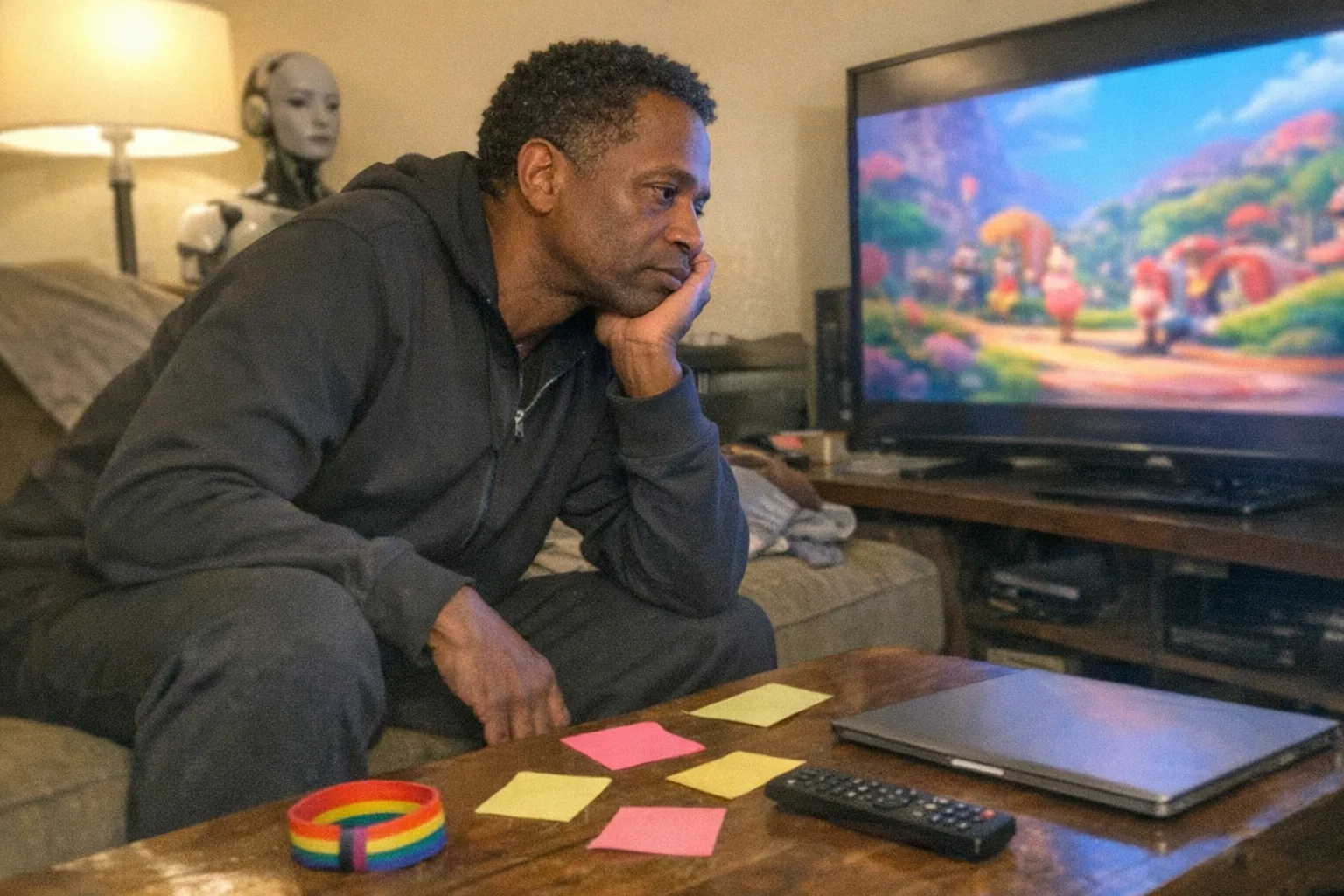 Realistic iPhone snapshot in a slightly messy living room at night, aggressively mediocre composition with awkward framing and slight motion blur, mildly overexposed lamp lighting and visible phone noise/grain. A slim Black man in his late 40s with medium brown skin and short tight-curly hair wears athleisure (plain zip-up jacket and joggers). He looks curious and tired and thoughtful (slouched posture, faint under-eye circles, one hand on his chin) while leaning toward a TV that shows a generic colorful animated movie scene (no readable text, no logos). On the coffee table: scattered sticky notes, a small rainbow-striped wristband, a remote, and a closed laptop. In the background, partially out of focus, a female-looking humanoid robot mannequin head-and-shoulders sits on a shelf like a tech project, adding an intriguing but non-explicit twist. No text, no captions, no watermarks, no brand names.
