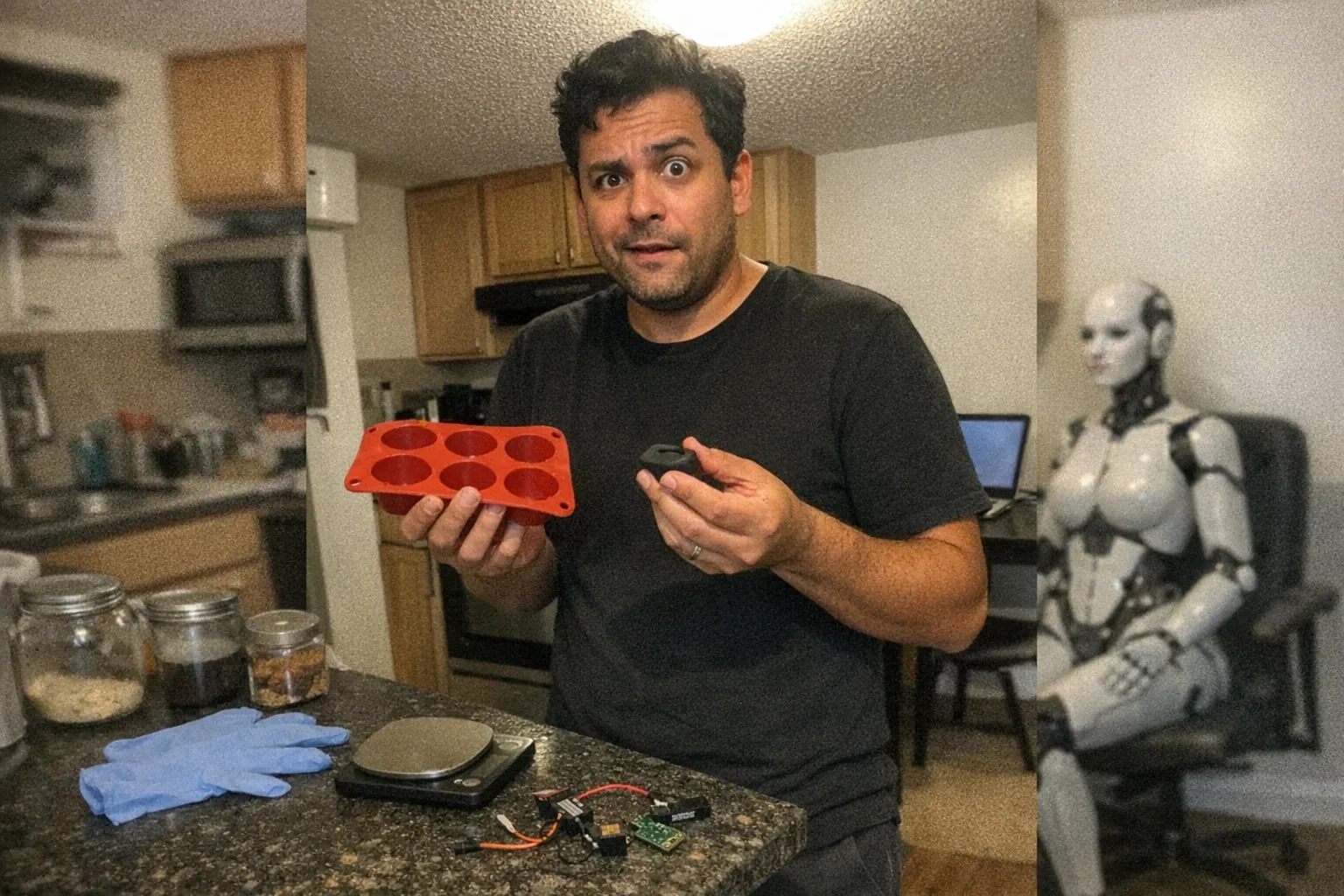 A realistic iPhone snapshot in a small apartment kitchen/home office combo, awkward framing and aggressively mediocre composition, slight motion blur and uneven mildly overexposed ceiling light, visible natural noise/grain. Primary subject: a male in his mid 30s, mixed-race with medium skin tone, dad-bod build, short wavy slightly messy hair, wearing a minimalist monochrome outfit (plain black tee and charcoal pants). He looks surprised and skeptical (wide eyes, slightly open mouth, raised eyebrow, half-smirk) with nervous fidgety hands while holding a floppy silicone baking mold in one hand and a small unbranded rubbery gadget part in the other, as if comparing materials. On the cluttered counter: a pair of plain nitrile gloves, a few small glass jars, a generic kitchen scale, and scattered electronic sensor parts (wires and a tiny circuit board) suggesting “testing,” but no readable text. In the background, slightly out of focus, a female humanoid robot torso sits on a chair near a laptop, looking like a household prototype. No logos, no brand names, no captions, no watermarks, modern everyday setting, non-explicit and plausible.
