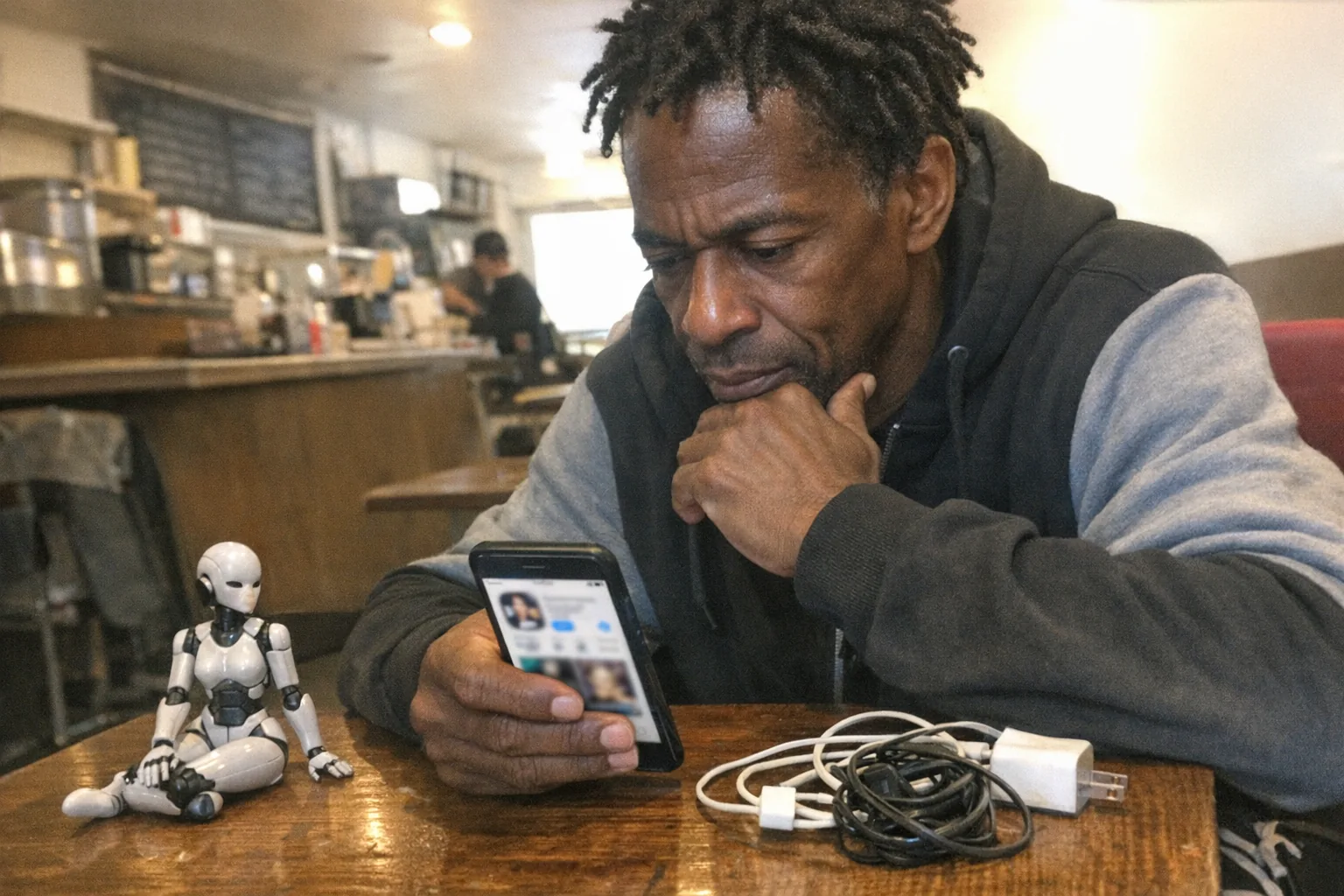 Realistic iPhone snapshot in a slightly messy cafe: a Black man in his mid-50s with a lean runner build and coily hair in twists, wearing streetwear (hoodie and sneakers), leaning in with focused eyes and a thoughtful hand-on-chin pose while looking at his phone. The phone screen shows a generic app-store style page with an age-rating icon area visible but blurred/unreadable (no legible text). On the table nearby sits a small, non-explicit female humanoid robot figurine and a tangle of charging cables, hinting at adult-tech and app ratings without being graphic. Awkward framing, aggressively mediocre composition, slight motion blur, mildly overexposed uneven indoor lighting, natural phone noise/grain, candid everyday feel, no logos, no watermarks, no captions.