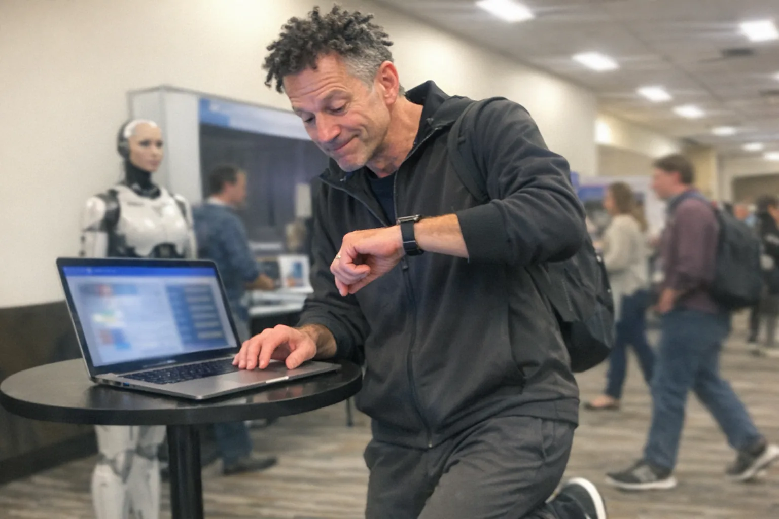 A candid iPhone snapshot in a busy tech conference hallway: a white male in his mid-50s with fair skin and a lean runner build, coily hair in twists, wearing athleisure (zip-up jacket and joggers). He looks curious and focused leaning toward a laptop on a small standing table, but also impatient (one foot tapping, glancing at a watch/phone) with an awkward, hesitant smile. On the laptop screen there are indistinct blurred charts and a leaderboard-like layout (no readable text). In the background, slightly out of focus, a plausible female humanoid robot demo unit stands near a booth area, with people walking by. Awkward framing, slight motion blur, mildly overexposed overhead lighting, natural phone noise/grain, aggressively mediocre composition, no logos, no brand names, no captions, no watermarks.