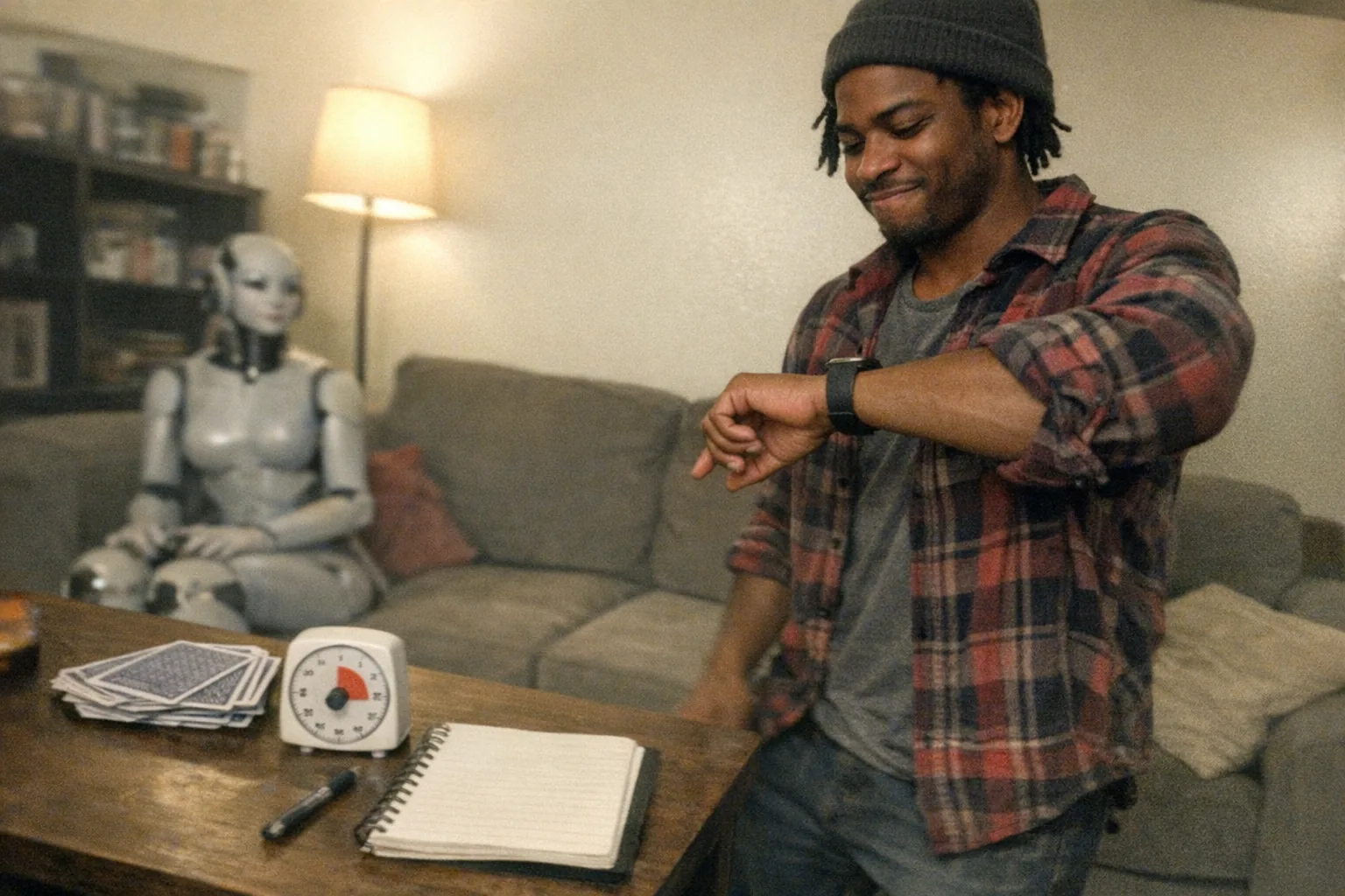 A realistic iPhone snapshot in a small apartment living room during a casual game night: a late-20s Black man with medium brown skin tone, muscular build (not bodybuilder), medium-length hair under a beanie, wearing a slightly worn flannel shirt, standing by a cluttered coffee table with a deck of cards, a cheap kitchen timer, and a notebook labeled only by blank pages (no readable text). He has an amused small grin with eyes slightly crinkling, but looks impatient—foot tapping and checking his phone watch/clock gesture. In the background, slightly out of focus, a female humanoid robot figure (non-explicit, fully clothed, mannequin-like) sits on a couch as if observing. Awkward framing with the coffee table cutting off part of the scene, slight motion blur from movement, mildly overexposed lamp lighting, natural noise/grain, aggressively mediocre composition, candid phone photo vibe, modern and plausible, no logos, no watermarks, no captions, no brand names.
