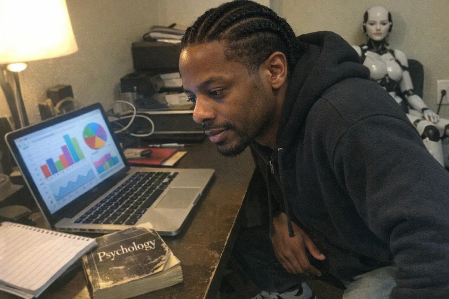 A candid iPhone snapshot in a small, slightly cluttered home office: a mid-30s Black man with dark brown skin, slim build, coily hair in neat braids/cornrows, wearing streetwear (hoodie and sneakers), leaning in with a curious but calm expression as he studies a laptop screen showing colorful charts (no readable text) next to a notebook and a dog-eared psychology book. In the background, slightly out of focus, a female humanoid robot sits on a chair near a charging cable, looking neutral and inactive. Awkward framing with the desk cutting off part of the scene, slight motion blur, mildly overexposed lamp lighting, natural phone noise/grain, aggressively mediocre composition, modern everyday setting, no logos, no captions, no watermarks.