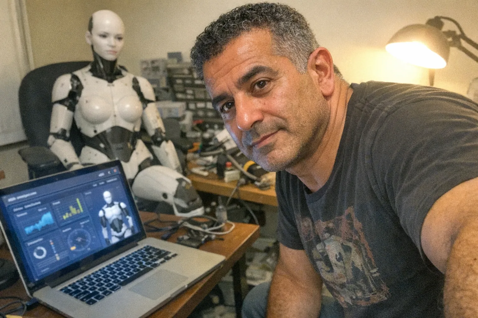 A candid iPhone snapshot in a cluttered home office workspace: a mid-50s Middle Eastern man with olive skin, muscular (not bodybuilder) build, short tight-curly hair, wearing a casual graphic tee and jeans, calm soft expression and curious focused eyes, leaning in toward an open laptop showing a robotics dashboard (no readable text). In the background, an unbranded female humanoid robot torso sits awkwardly on a rolling chair beside scattered tools and cables. The photo should look unremarkable and imperfect: slightly motion-blurred, mildly overexposed desk lamp, uneven lighting, natural phone noise/grain, aggressively mediocre composition, awkward framing with part of the man’s arm cut off. No logos, no brand names, no captions, no watermarks. Realistic modern home setting, plausible and non-explicit.