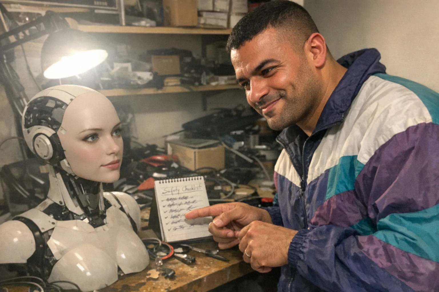 A candid iPhone snapshot in a cluttered home office/workbench: a late-30s North African man with warm brown skin, athletic broad-shouldered build, dark buzz cut, wearing a retro vintage windbreaker, standing near a desk with scattered small tools and cables. He’s interacting with a female-presenting humanoid robot head-and-shoulders unit (non-explicit, mannequin-like) while pointing at a scribbled safety checklist on a notepad (no readable text). His expression mixes determined set jaw, a small amused grin, and nervous fidgety hands. Awkward framing with part of the desk cut off, slight motion blur, mildly overexposed lamp lighting, uneven shadows, natural phone noise/grain, aggressively mediocre composition, realistic imperfections, no logos, no brand names, no watermarks.