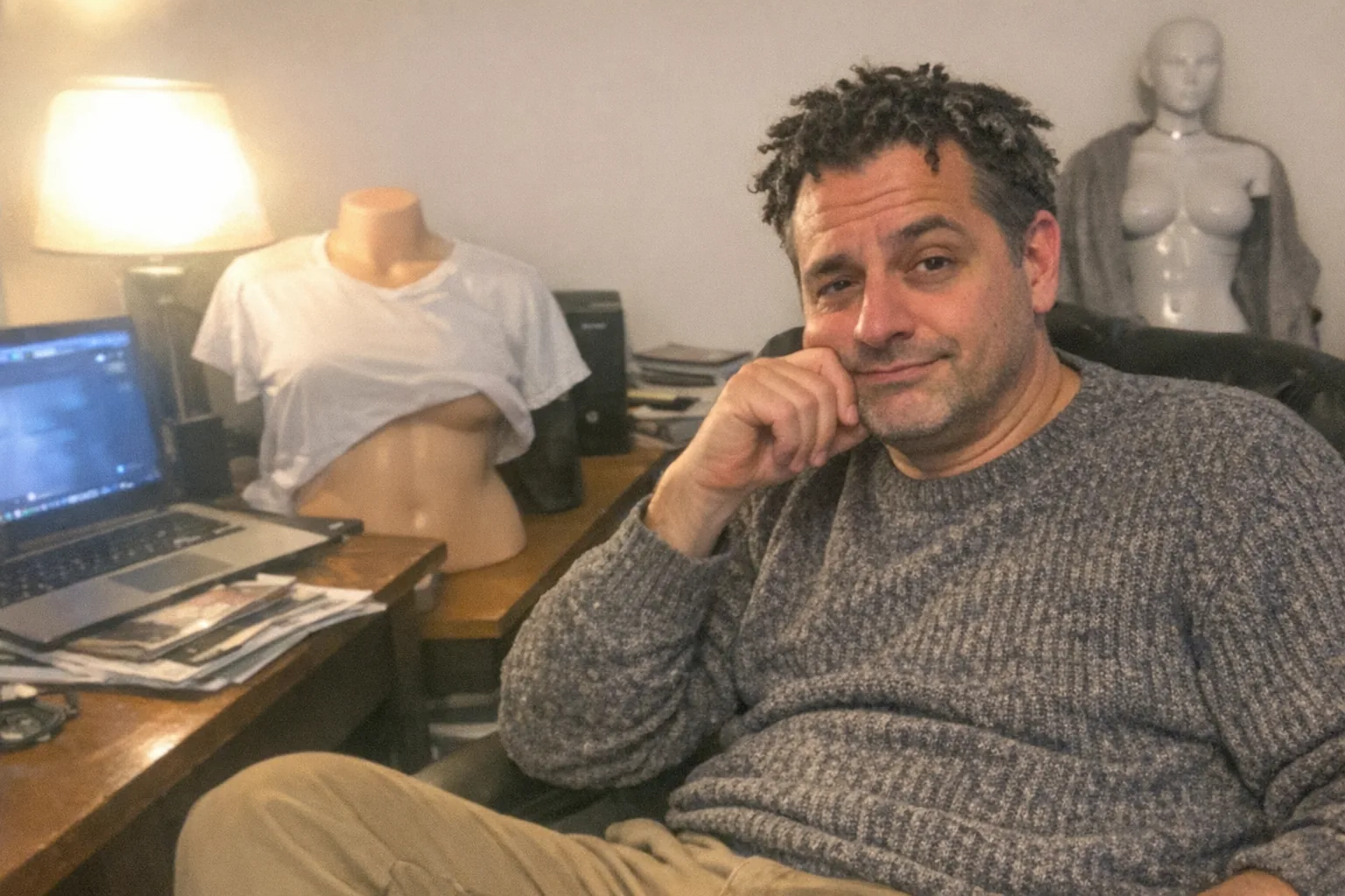 Realistic iPhone snapshot in a slightly cluttered home office at dusk, aggressively mediocre composition with awkward framing and slight motion blur, mildly overexposed desk lamp causing uneven lighting and visible grain. Primary subject: a mid-40s White man with an olive skin tone, dad-bod build, coily hair in twists, wearing a smart-casual knit sweater and chinos; he’s slouched in a chair with faint under-eye circles, one hand on his chin, raised eyebrow and half-smirk, looking skeptical and thoughtful. On the desk: a laptop (screen not readable), a few magazines and papers, and an unbranded, non-explicit silicone torso mannequin used for fitting clothing, partially covered by a plain T-shirt; in the background, a life-sized female-presenting humanoid robot torso in a corner with a throw blanket over it, out of focus. No text, no logos, no watermarks, candid everyday feel.
