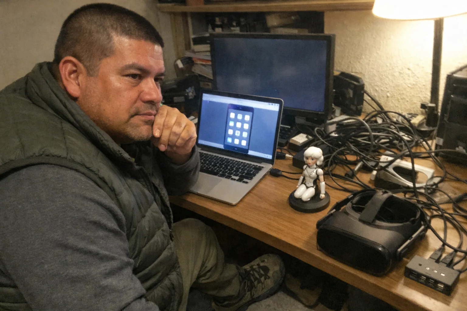 Realistic iPhone snapshot in a cluttered home office: a stocky Latino man in his mid-40s with tan skin and a dark buzz cut, wearing an outdoorsy puffer vest and hiking shoes, sits at a desk with a laptop open showing a generic smartphone-like interface on screen (no readable text). He looks determined and thoughtful with a set jaw, one hand on his chin, staring slightly past the screen. On the desk: a second monitor, tangled cables, a cheap USB hub, a VR headset, and a small generic female-styled desk robot assistant figurine near the keyboard (non-explicit, consumer gadget vibe). Awkward framing from slightly above shoulder, slight motion blur, mildly overexposed lamp lighting, natural noise/grain, aggressively mediocre composition, everyday candid phone photo feel. No logos, no brand names, no watermarks, no captions.