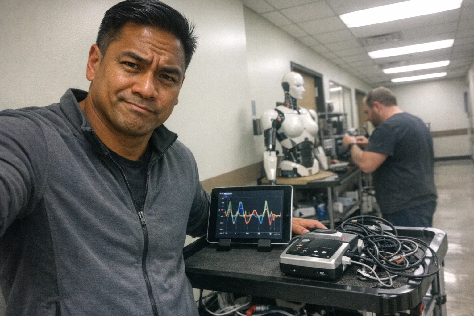 Realistic iPhone snapshot in a rehabilitation clinic hallway: a mid-40s Pacific Islander man (warm brown skin tone), athletic build with broad shoulders, straight neat side-parted hair, wearing athleisure (zip-up jacket and joggers). He has a skeptical raised eyebrow with a half-smirk, but also a determined set jaw and intent gaze, slightly amused eyes crinkling. He’s standing beside a wheeled rehab cart holding a tablet showing an abstract gait graph (no readable text) and a compact spinal stimulation device with cables coiled messily. In the background, slightly out of focus, a female humanoid robot torso on a workshop stand is being inspected by a technician (different appearance from the primary man). Awkward framing (cropped elbow), slight motion blur, mildly overexposed fluorescent lighting, visible phone noise/grain, aggressively mediocre composition, candid documentary feel, no logos, no brand names, no text, modern everyday realism.