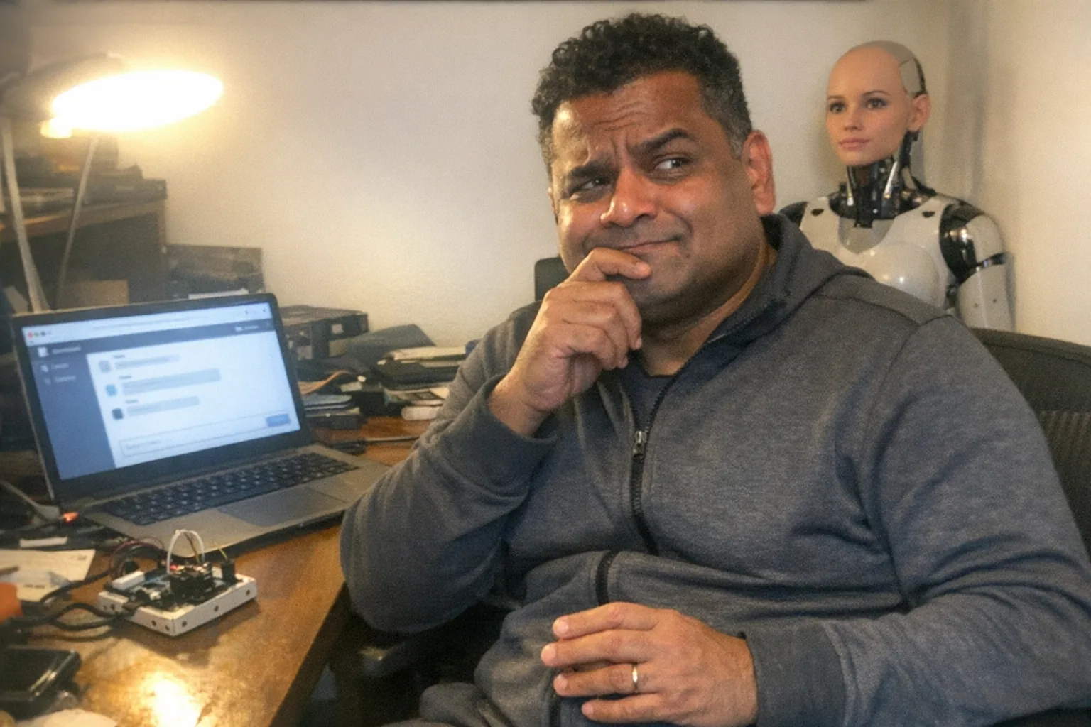 Realistic iPhone snapshot, candid phone photo in a cramped home office at dusk, awkward framing with the subject slightly off-center and partially cropped, slight motion blur, mildly overexposed desk lamp creating uneven lighting, visible noise/grain, aggressively mediocre composition. Primary subject: a South Asian man in his mid-40s with a stocky build, brown skin tone, short tight-curly hair, wearing athleisure (zip-up jacket and joggers). He looks thoughtful with a hand on his chin, a skeptical raised eyebrow and half-smirk, and slightly nervous fidgety hands visible. On the desk: an unbranded laptop showing a generic chat interface (no readable text), a small unbranded gadget with sensors and wires, and a non-explicit female humanoid robot mannequin head/upper torso in the background on a shelf (clearly robotic, not sexualized). The scene should feel everyday and imperfect, like someone quickly snapped a photo while thinking about IQ vs EQ and tech-assisted practice. No text, no captions, no logos, no watermarks.
