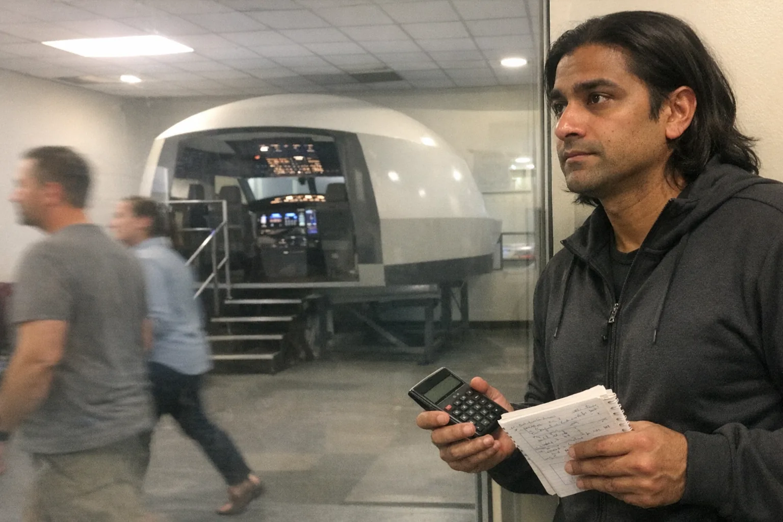 A candid iPhone snapshot inside a slightly worn flight training center lobby: a South Asian man in his mid-30s with brown skin, athletic broad-shouldered build, shoulder-length straight hair tucked behind his ears, wearing athleisure (zip-up jacket and joggers). He has a determined set jaw and intent gaze but looks tired (faint under-eye circles) and awkward (uncertain posture, hesitant smile) while holding a small calculator and scribbled notebook, staring through a glass wall at a generic narrow-body airliner cockpit simulator on a platform in the background. Awkward framing with the man partly cut off at the edge, slight motion blur, mildly overexposed fluorescent lighting, uneven color balance, natural phone noise/grain, aggressively mediocre composition. A couple of other people in the background (not matching his exact features) walking past, out of focus. No text, no logos, no brand names, modern realistic scene.