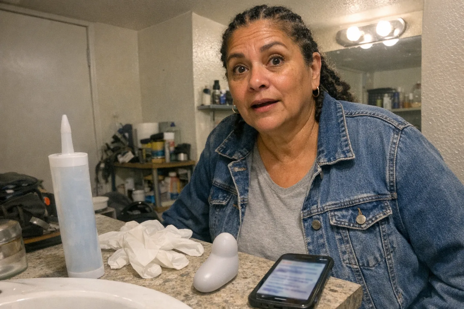 A candid iPhone snapshot in a cluttered apartment bathroom/workshop hybrid space: an unbranded tube of clear silicone caulk, a pair of disposable gloves, a small plain silicone gadget on the counter (non-explicit, could be a generic personal-care device), and a smartphone open to a health info page (screen content blurred and unreadable). Primary human: a mid-50s Latina with tan skin, average build, coily hair in braids/cornrows, wearing workwear (denim jacket over a plain tee). She looks tired (slight slouch, faint under-eye circles) but also surprised (wide eyes, slightly open mouth) and oddly confident (relaxed shoulders, steady stance). Awkward framing with slightly cut-off headroom, slight motion blur, mildly overexposed overhead lighting with uneven shadows, natural phone noise/grain, aggressively mediocre composition. No text, no captions, no logos, no watermarks.