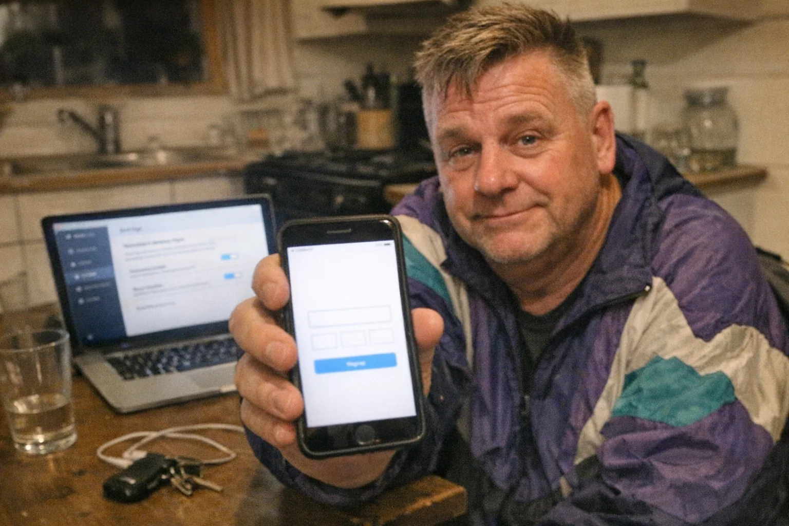 Realistic candid iPhone snapshot in a lived-in kitchen at night, aggressively mediocre composition with awkward framing and slight motion blur, uneven warm overhead lighting and visible grain. Primary subject: a tired white man in his late 50s with fair skin and a stocky build, undercut haircut with textured top, wearing a retro vintage windbreaker, slouched posture with faint under-eye circles and an awkward hesitant smile. He’s holding a smartphone close to the camera showing a generic social media signup age-gate screen (no readable text, no logos), while a laptop in the background shows a blurred parental-controls style settings page (unreadable). Everyday clutter on the table (keys, a half-empty glass, a power cable), and a teen-looking backpack partially visible in the corner but no other people present. Mild overexposure on the phone screen, natural noise, unremarkable “caught-in-the-moment” feel, modern and plausible, no captions, no watermarks, no brand names.