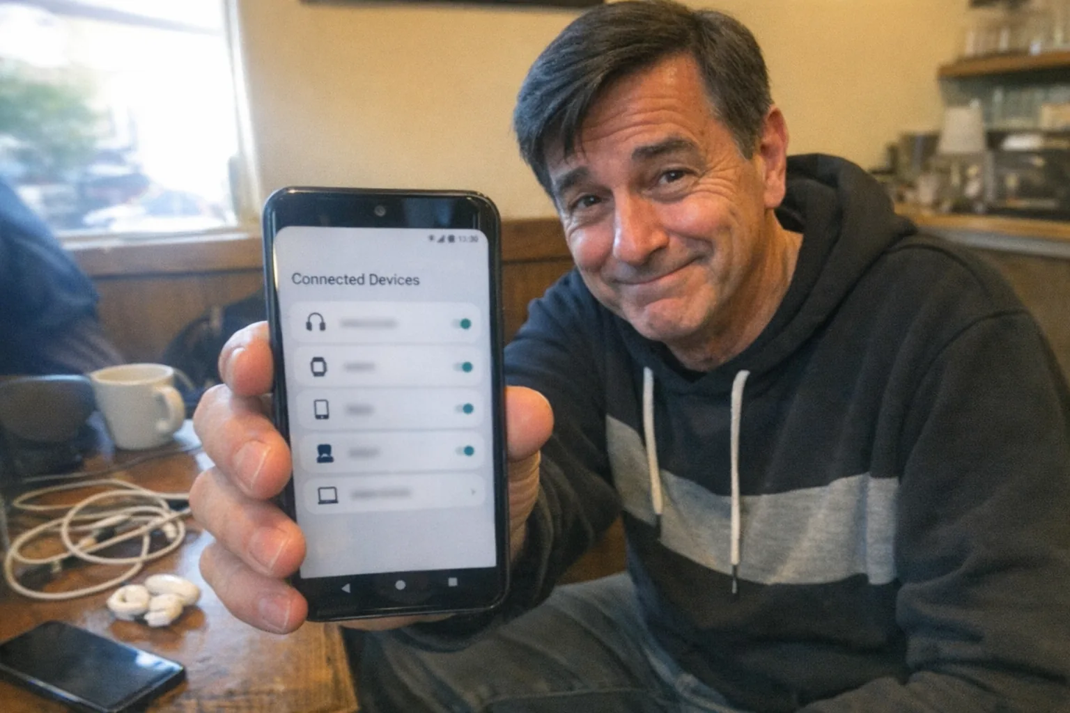 A candid iPhone snapshot in a small coffee shop: a slim White man in his late 50s with olive skin, straight neat side-parted hair, wearing a streetwear hoodie and sneakers, holding an Android phone close to the camera while looking amused (small grin, eyes slightly crinkled) but also awkward (uncertain posture, hesitant smile). The phone screen shows an Android settings page with connected devices icons (no readable text). Background includes a messy table with a charging cable, earbuds, and a second phone partially visible, suggesting device linking. Awkward framing, slight motion blur, mildly overexposed window light, uneven indoor lighting, natural noise/grain, aggressively mediocre composition. No captions, no watermarks, no logos, no brand names.