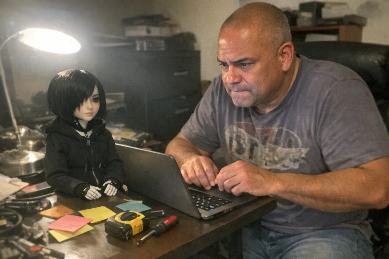 A candid iPhone snapshot in a slightly cluttered home office at night, aggressively mediocre composition with awkward framing and slight motion blur, mildly overexposed desk lamp lighting and visible phone noise/grain. Primary subject: a man in his early 50s, mixed-race with medium skin tone, stocky build, shaved head, wearing a casual graphic tee and jeans; he looks determined (set jaw, intent gaze) but also nervous (fidgety hands, tight smile) while comparing prices on a laptop. On the desk sits a small female-presenting humanoid-style robot with an emo-inspired look (black bob wig, subtle dark eyeliner styling, black hoodie), next to scattered sticky notes and a measuring tape, with a few electronics tools nearby. No text, no logos, no brand names, no watermarks; realistic everyday mess, modern and plausible scene.
