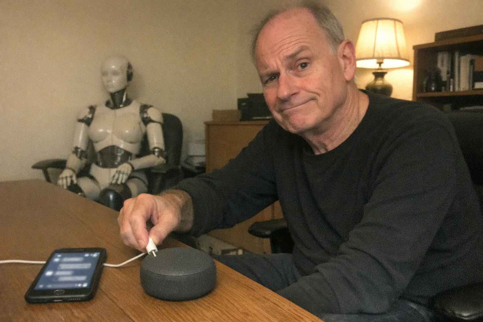 A candid iPhone snapshot in a modest home office at night: a slim White man in his early 60s with fair skin, thinning short hair, minimalist monochrome outfit (plain black crewneck and dark pants), calm posture with a skeptical raised eyebrow and half-smirk, unplugging a small smart speaker while his phone on the desk shows a blurred chat interface (no readable text). In the background, slightly out of focus, a female humanoid robot torso mannequin sits on a chair like a household item, not glamorous. Awkward framing, slight motion blur, uneven warm lamp lighting with mild overexposure, visible noise/grain, aggressively mediocre composition, no logos, no captions, modern realistic setting.