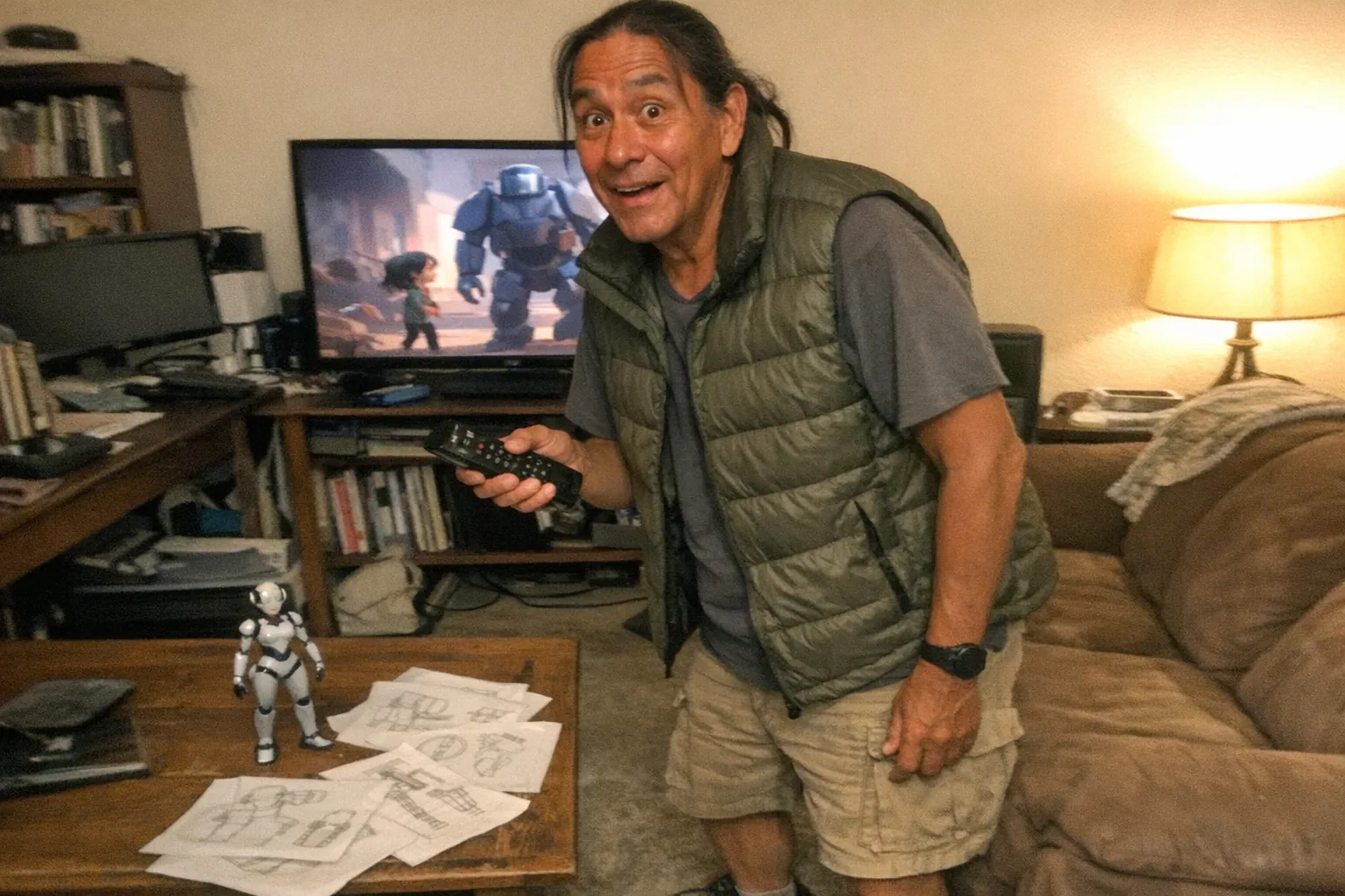 A realistic, aggressively mediocre iPhone snapshot in a cluttered living-room/home-office hybrid: a tall, lanky Indigenous man in his mid-50s (warm tan skin), low ponytail with a few loose strands, wearing an outdoorsy puffer vest and hiking shoes, standing awkwardly with uncertain posture and a hesitant smile—wide eyes and slightly open mouth like he’s surprised but amused. He’s holding a TV remote while looking at a paused animated movie scene on a TV (no readable text on screen). On the coffee table: a small, generic female robot figurine and scattered sketch notes about “robot design” (papers turned so no words are readable). Slight motion blur, mildly overexposed lamp lighting, uneven shadows, visible phone noise/grain, awkward framing with part of his head slightly cropped, candid modern vibe, no logos, no brand names, no captions, no watermarks.