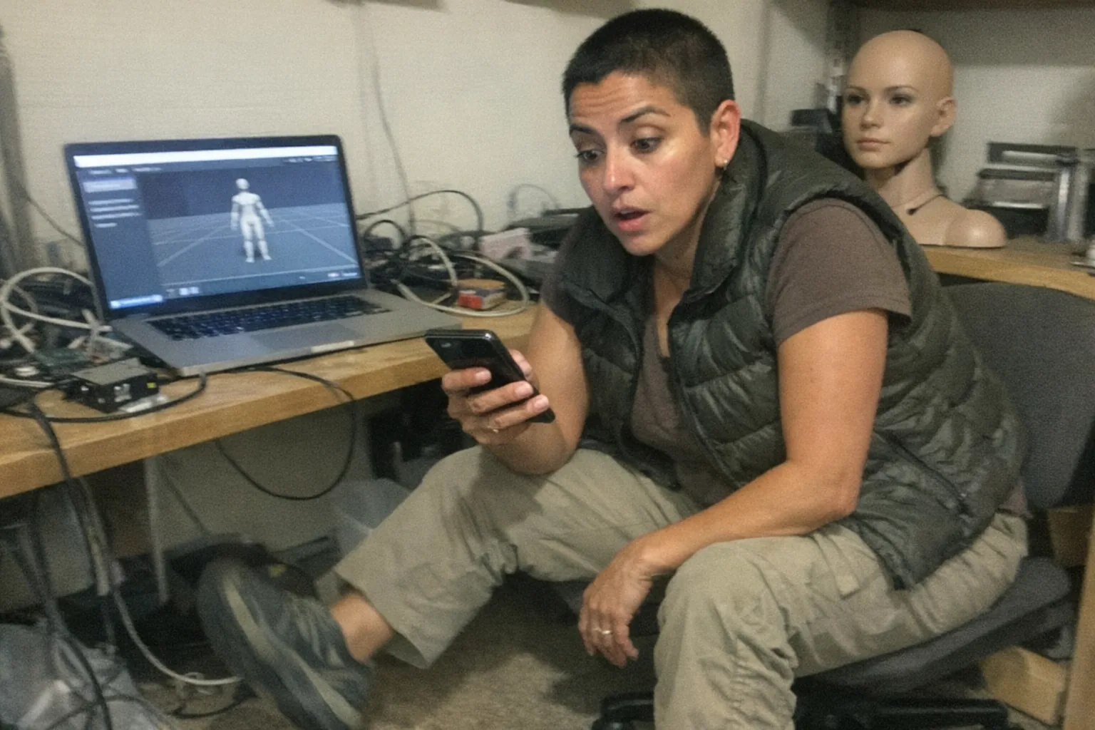 A candid iPhone snapshot in a cluttered home workshop/office where a laptop on a messy desk shows a generic 3D simulation interface (no readable text), with scattered cables, a small sensor module, and a neutral-toned, non-explicit humanoid female robot mannequin head sitting off to the side on a shelf. The primary human is a late-30s Latina with tan skin and a muscular (not bodybuilder) build, dark buzz cut hair, wearing an outdoorsy puffer vest and hiking shoes. She looks impatient and tired and surprised at once: foot tapping, slightly slouched posture, faint under-eye circles, wide eyes and slightly open mouth while checking her phone in one hand near the laptop. Awkward framing, slight motion blur, mildly overexposed uneven indoor lighting, visible noise/grain, aggressively mediocre composition, modern realistic look. No logos, no brand names, no watermarks, no captions.