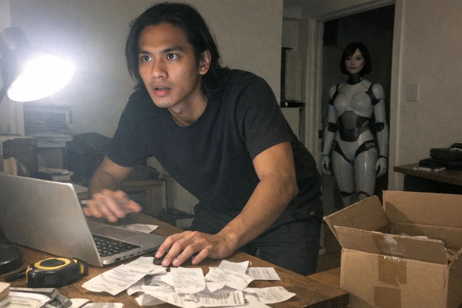 A realistic candid iPhone snapshot in a small home office at night: a tall, lanky Southeast Asian man in his mid-20s with warm medium skin tone, shoulder-length straight hair tucked behind his ears, wearing a minimalist monochrome outfit (plain black crewneck and dark trousers). He looks determined yet surprised (set jaw, intent gaze, wide eyes, slightly open mouth) as he leans over a cluttered desk with a laptop, scattered receipts, a tape measure, and a shipping box partially opened. In the background, a female humanoid robot mannequin-like figure stands near the doorway (non-explicit, fully clothed, slightly uncanny, clearly a consumer tech/companion robot). Awkward framing, slight motion blur from hand movement, mildly overexposed desk lamp causing uneven lighting, natural phone noise/grain, aggressively mediocre composition, no text, no captions, no logos, no brand names, modern realistic scene.