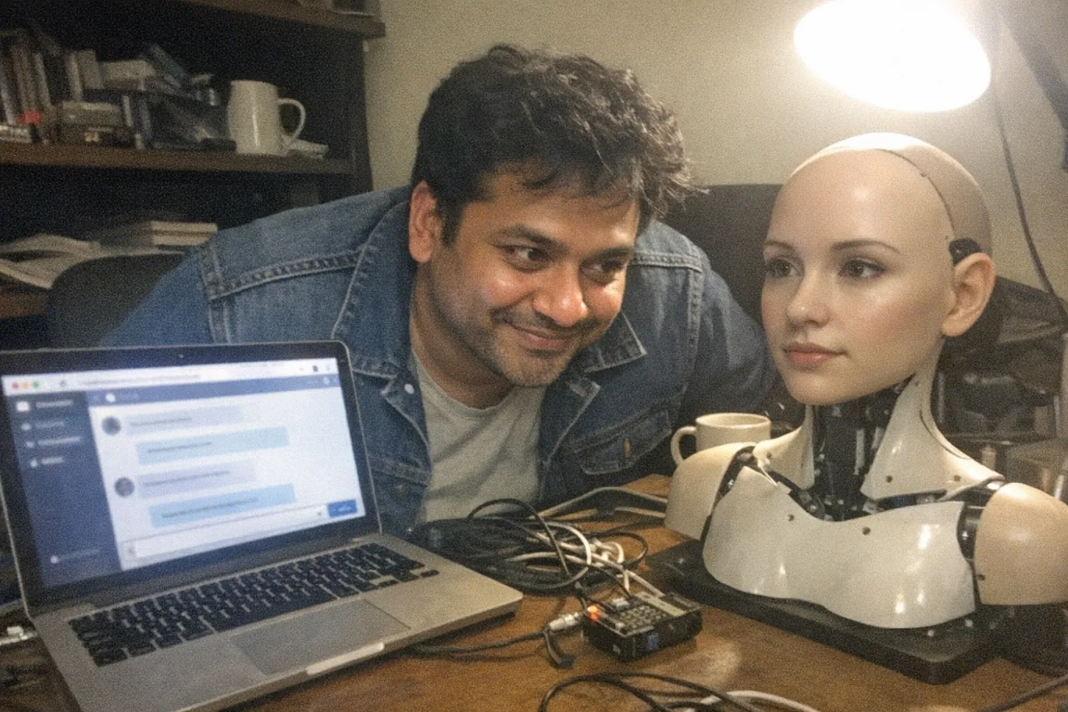 Realistic iPhone snapshot in a cluttered home office at night, awkward framing and aggressively mediocre composition, slight motion blur and visible phone noise/grain, mildly overexposed desk lamp creating uneven lighting. Primary subject: a South Asian man in his late 30s with brown skin, dad-bod build, short wavy slightly messy hair, wearing a denim workwear jacket over a plain tee; he’s leaning in with curious focused eyes and a small amused grin (eyes slightly crinkling). On the desk: an open laptop showing a generic chat interface (no readable text), next to an unbranded female humanoid robot head/upper-torso prototype on a stand (clearly feminine face, neutral expression), plus scattered cables and a small unbranded sensor module. The man is looking between the robot and the laptop as if testing whether the AI can “feel hurt.” Background includes messy shelves and a coffee mug, candid everyday vibe, modern and plausible, non-explicit, no logos, no captions, no watermarks.