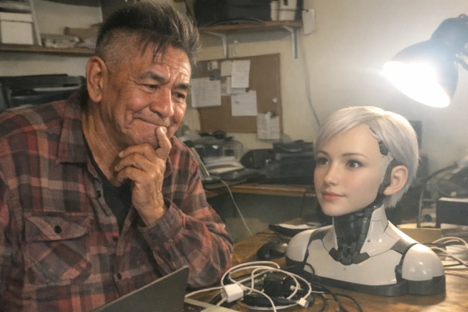 A candid iPhone snapshot in a slightly cluttered home office/workshop: an Indigenous man in his early 60s (warm tan skin), tall and lanky build, undercut with textured top, wearing a slightly worn flannel shirt. He has a calm but awkward, thoughtful vibe (hand on chin, hesitant smile, uncertain posture) while looking at an unbranded female-presenting humanoid AI companion device/robot head-and-shoulders unit sitting on a desk next to a laptop and tangled charging cables. The scene feels real and unpolished: awkward framing, slight motion blur, mildly overexposed uneven lighting from a desk lamp, visible phone noise/grain, aggressively mediocre composition. No text, no logos, no brand names, modern everyday environment, non-explicit.