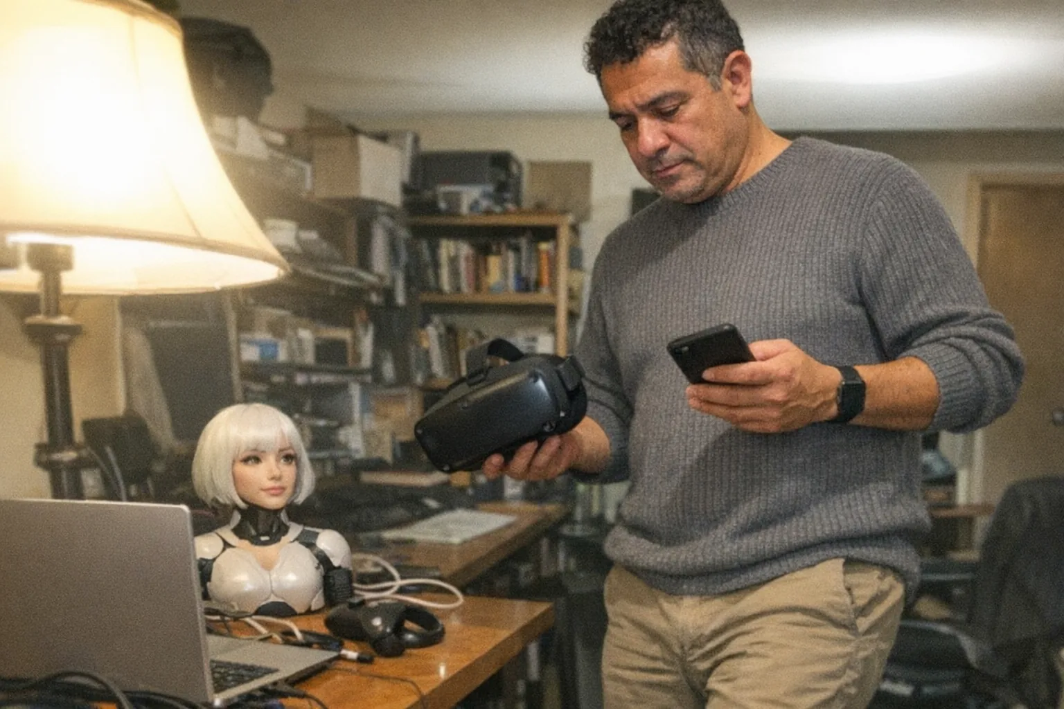 A candid iPhone snapshot in a cluttered home office: an early-50s Latino man with tan skin and a dad-bod build wearing a smart-casual knit sweater and chinos, short tight-curly hair, faint under-eye circles, holding a VR headset in one hand while checking his phone with the other; his posture looks slightly slouched but shoulders relaxed, foot tapping like he’s impatient. On the desk is a generic unbranded laptop, scattered cables, and a small female-styled humanoid robot head/torso prop sitting off to the side (clearly a consumer gadget/prop, not scary), with a VR controller near it. Awkward framing, slightly motion-blurred, mildly overexposed desk lamp lighting, natural noise/grain, aggressively mediocre composition, no text, no logos, no brand names.